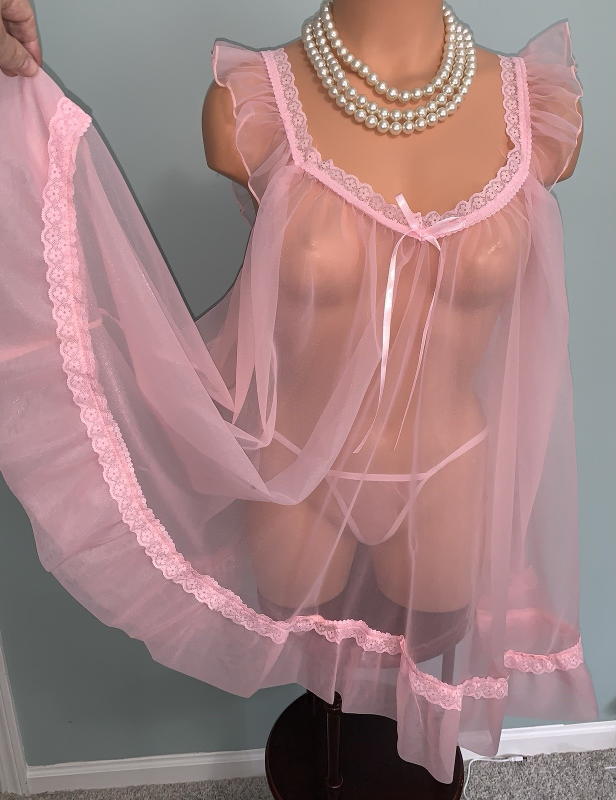 NEW SHEER Old School Chiffon Babydoll 3X Panty SatinRibbon 2pc Full Skirt