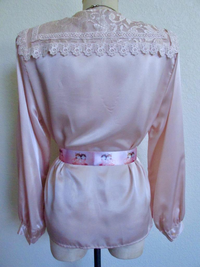 Vintage San Andre Silky Blouse 10 Pink Lace Victorian Collar Slick Shiny Satin