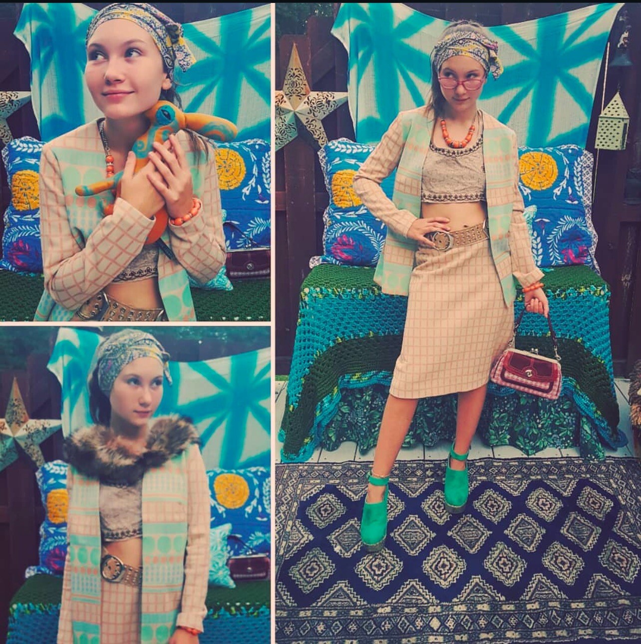 Rare Nardis Of Dallas Duster & Skirt Set 1970s Op art Grid Pattern Sz M-L