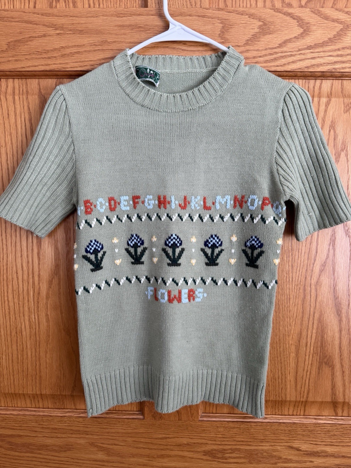 Vintage 80’s Huk A Poo Sweater Sz Small Sage Green Alphabet Floral Short Sleeve