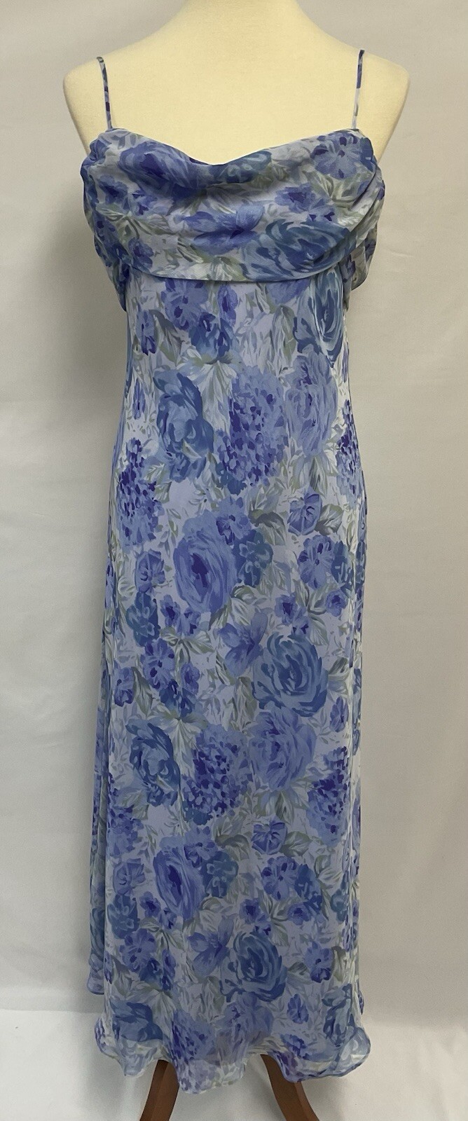 Vintage Alyn Paige 9/10 Light Blue Floral Chiffon Bias Slip Dress Draped Bust
