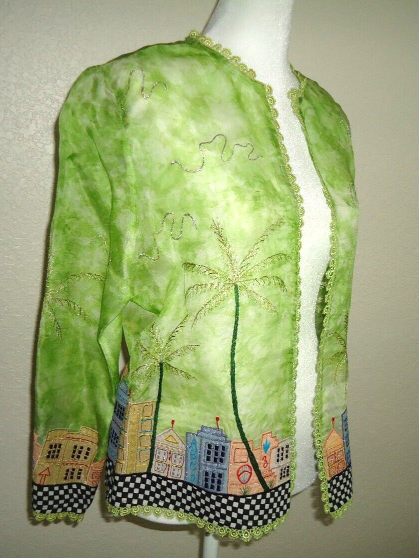 VTG ANAGE Women’s 100% Silk Green Jacket Blazer City Landscape Made in India S