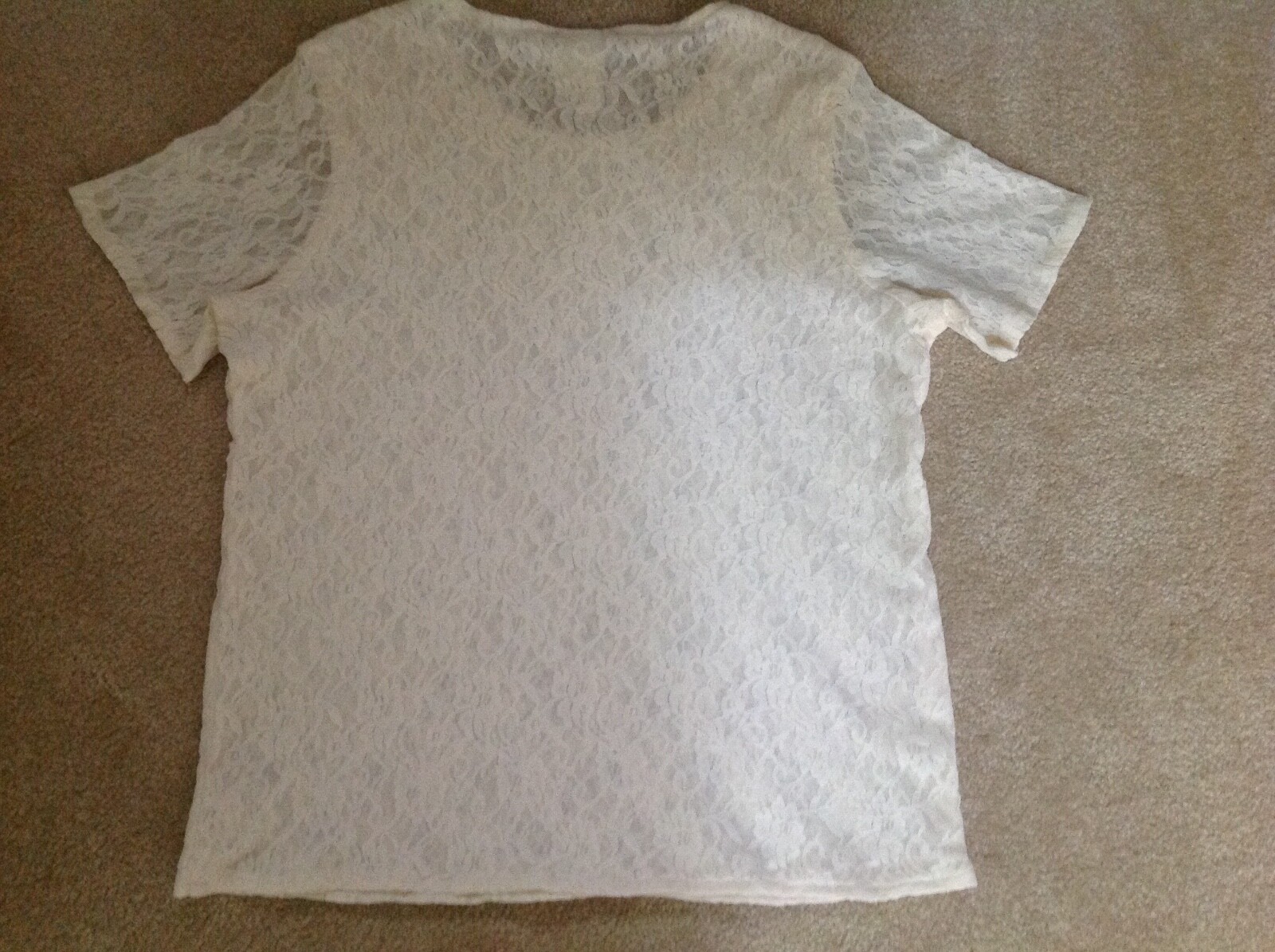 VINTAGE BELDOCH POPPER SHORT SLEEVE SIZE LARGE BEIGE STRETCH NYLON LACE TOP