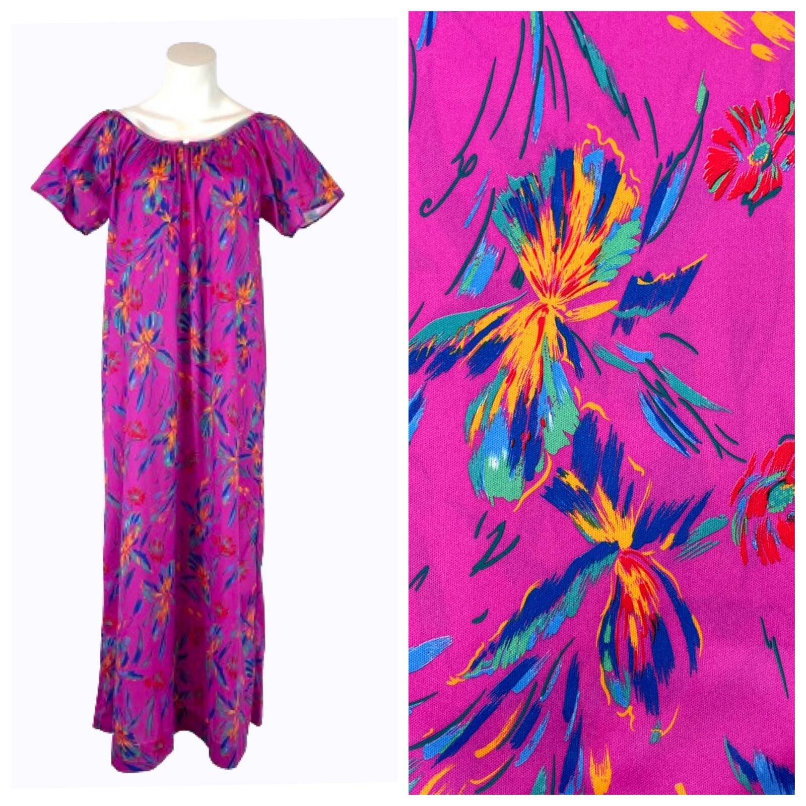 1970s Fuchsia Pink Multicolor Iris Floral Flutter Sleeve Kaftan Maxi Dress Mumu