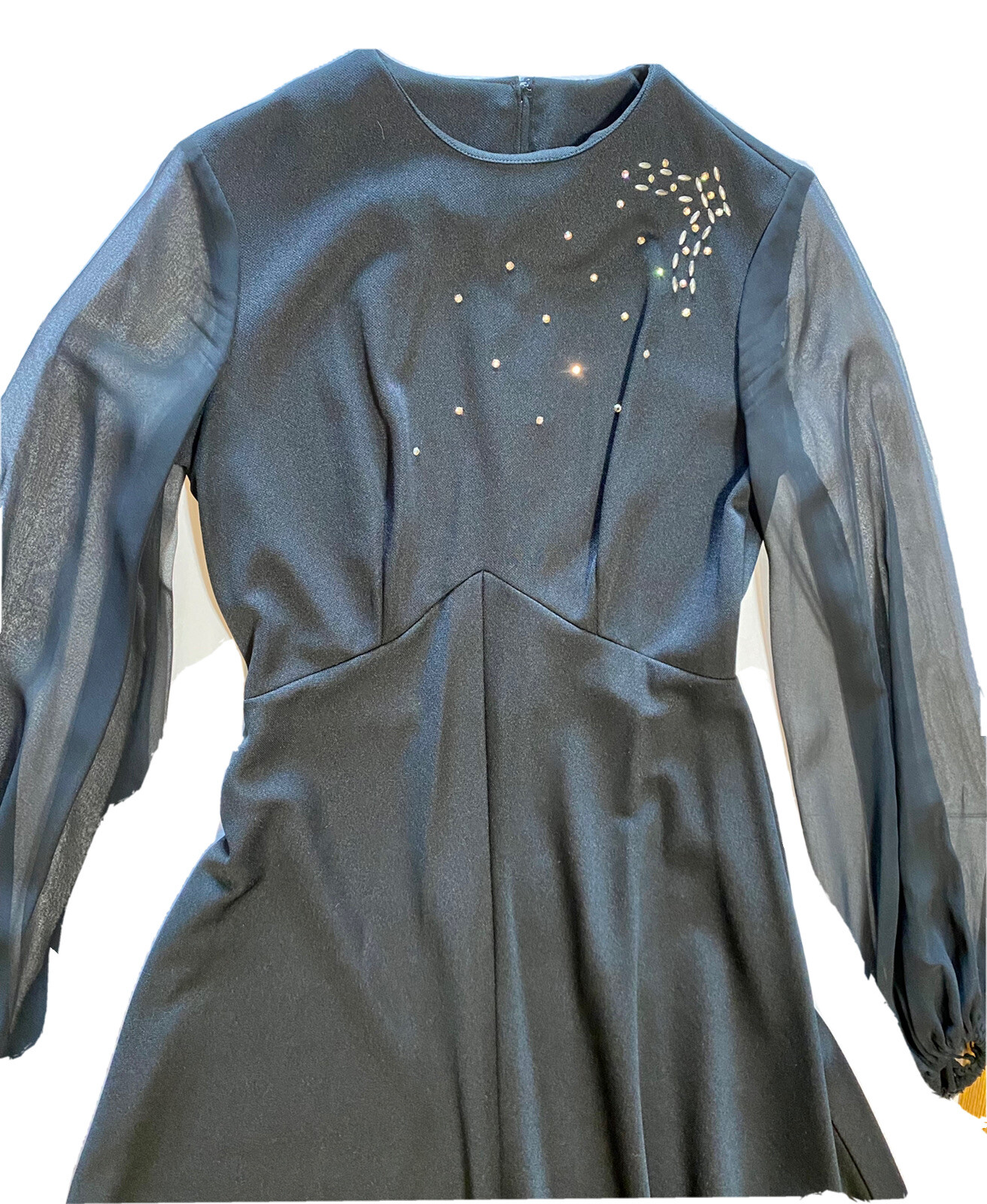 Vintage 1960s Maxi Dress Polyester Sheer ￼Long Sleeves BLACK Rhinestones Aldens