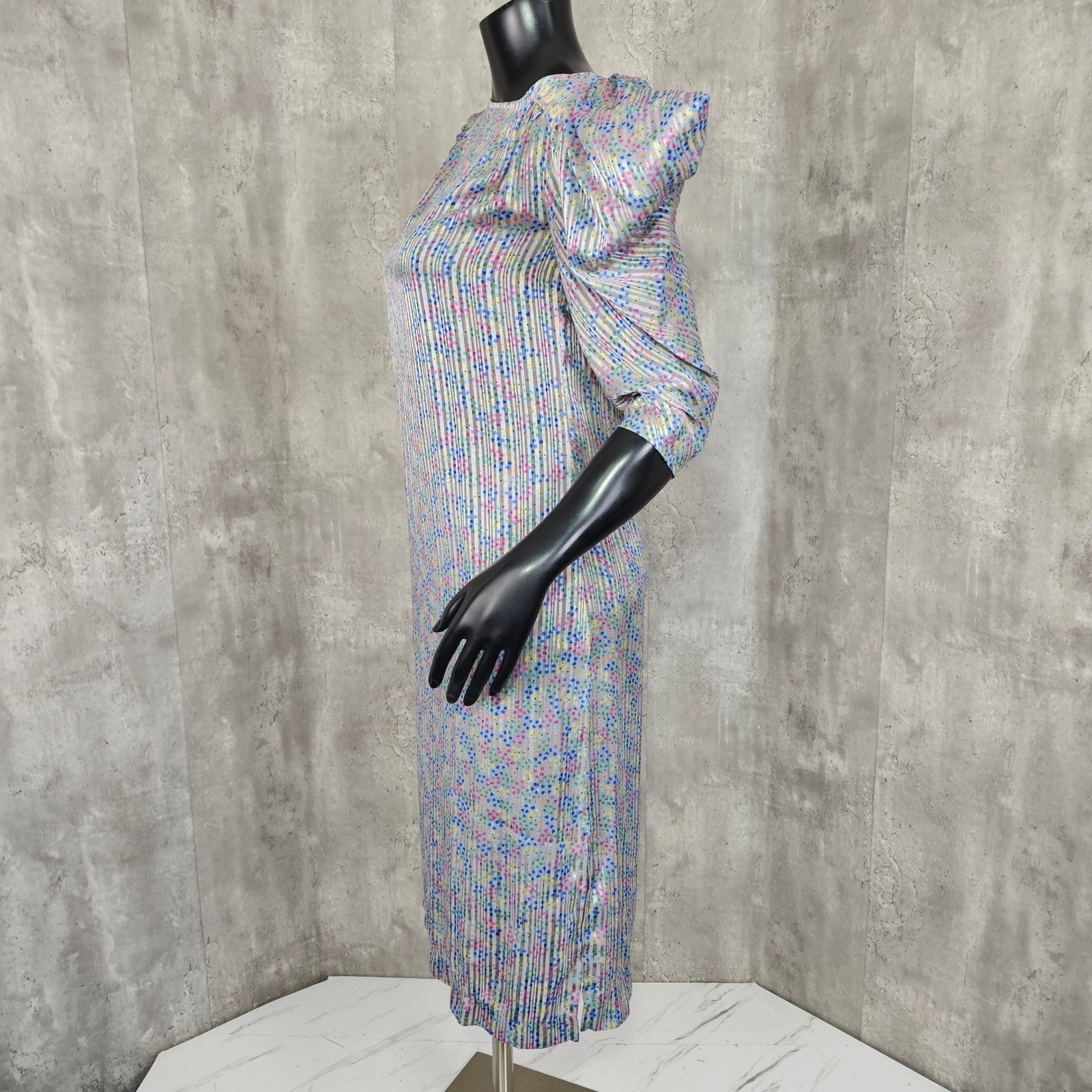 Vintage 80s Ala Carte Pleated Dress Flutter Puff Peek Shoulder Micro Floral