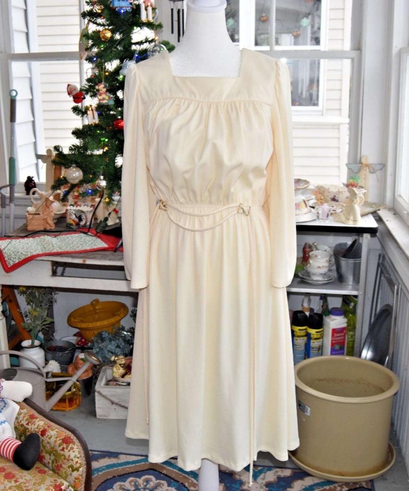 Vintage 1970s Angel Dress Flowy Beige Bell Sleeves Cream Size Medium