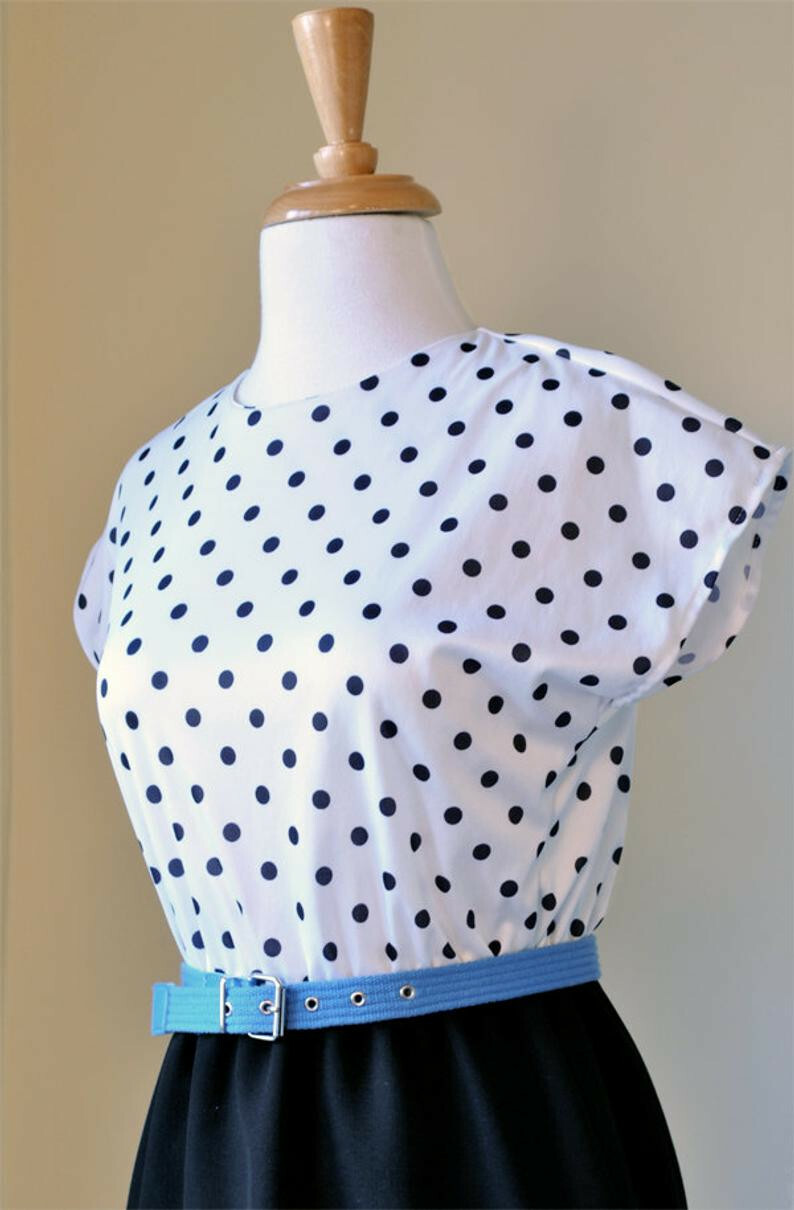 1980’s Black and White Polka Dot Dress with Blue Belt