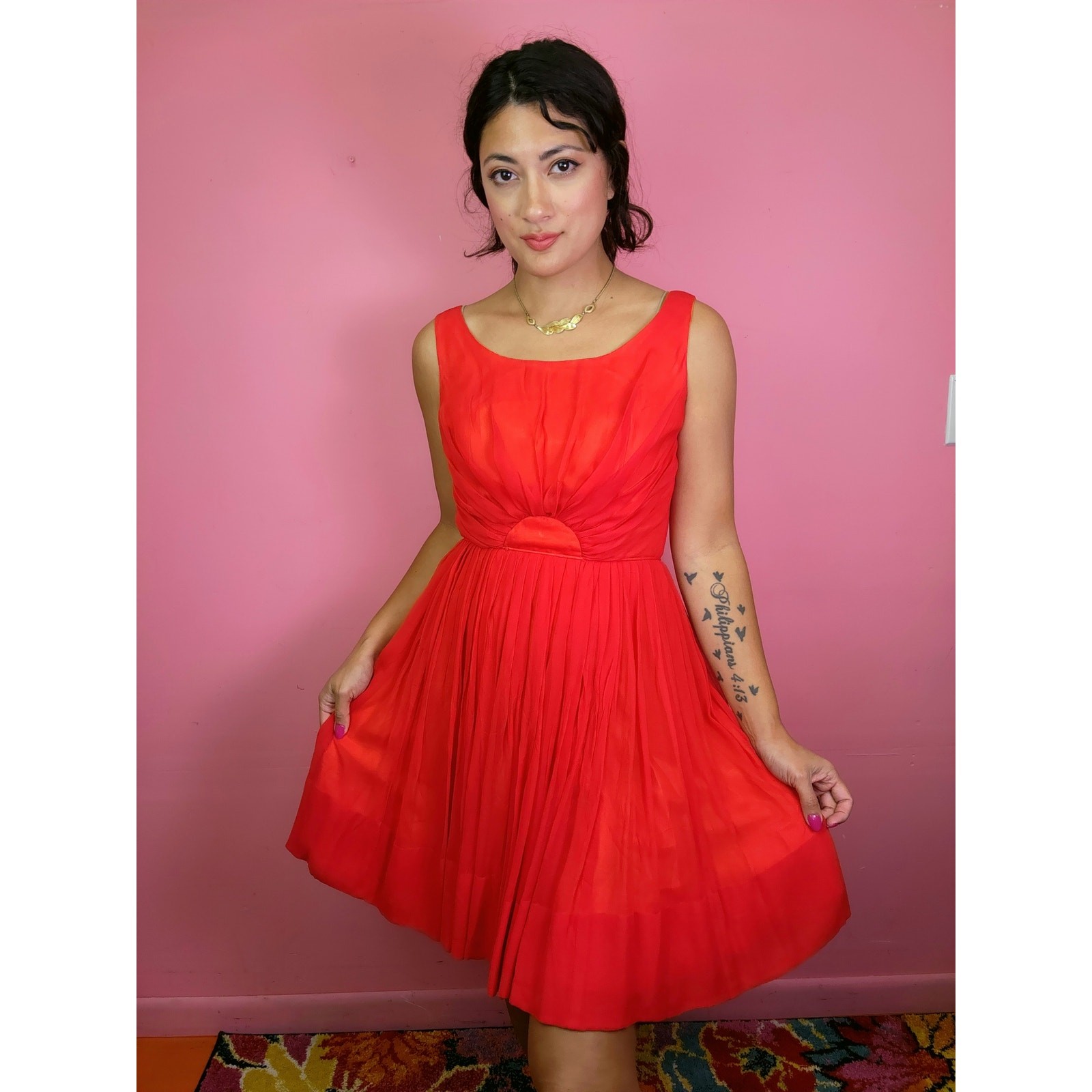 Vintage 1960’s Red Orange Chiffon Pleated Party Dress
