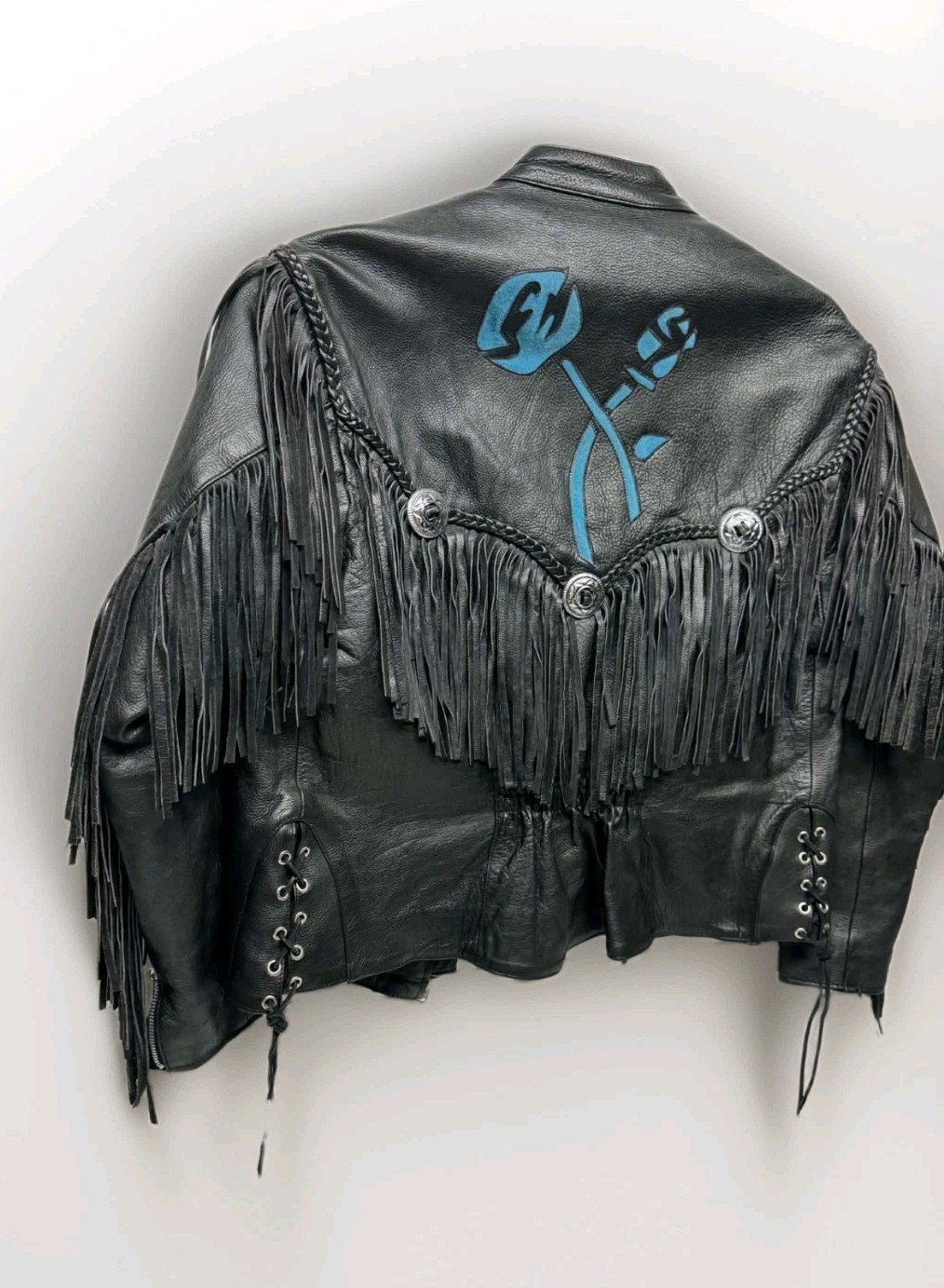 Vintage Black Leather Biker Jacket Women’s Fringe Turquoise Rose Appliqué