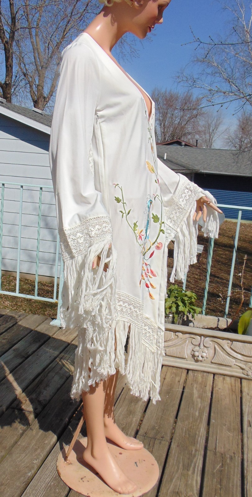 Vtg Rachel Welch Replica Iconic Embroidered Peacock Fringe Hippie Dress