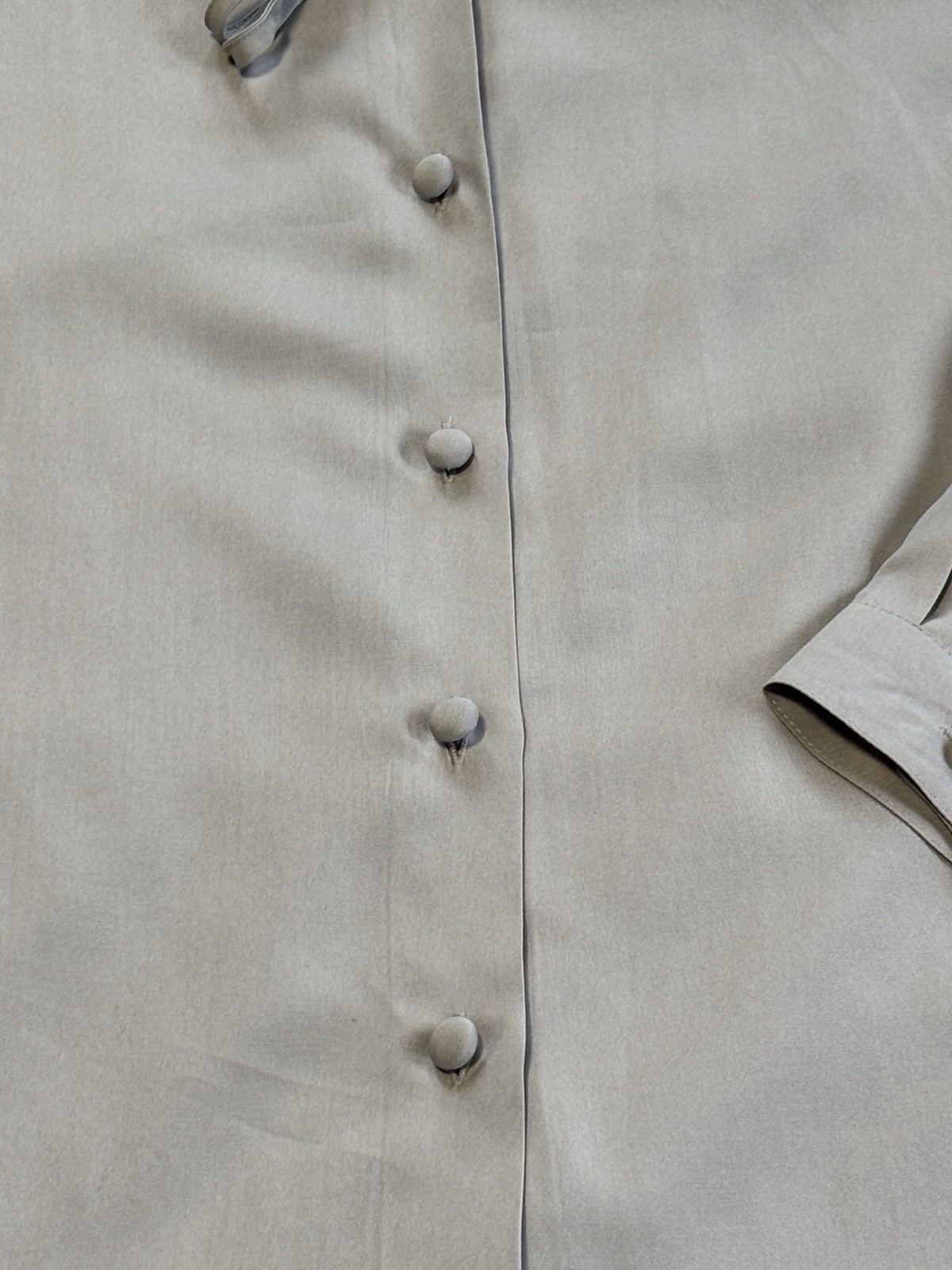 Vintage Classique Collections Taupe Tie Neck Blouse Covered Buttons Small 1990s