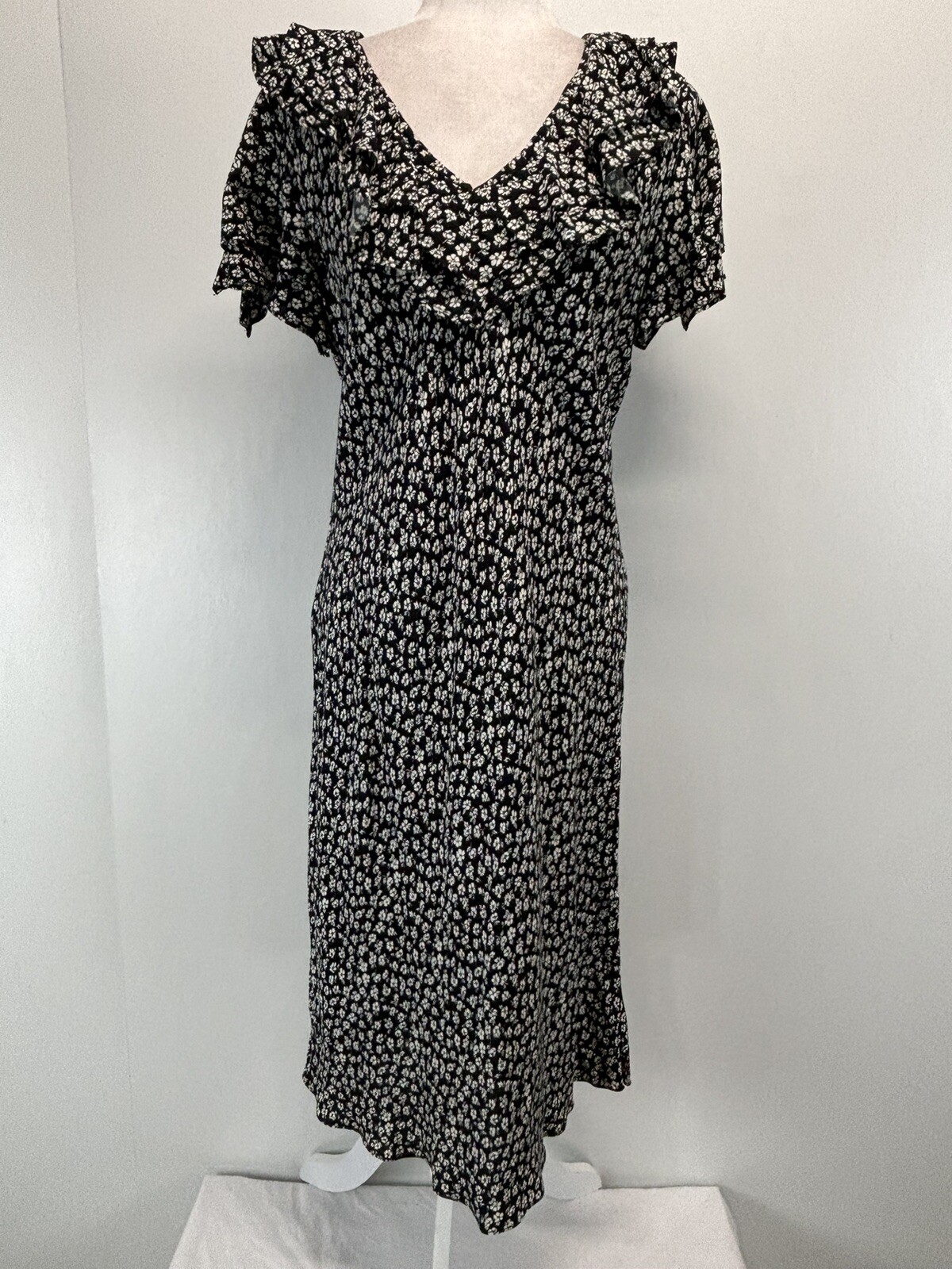Vtg Betsy Lauren Ditsy Floral Midi Dress Sz 8 Black White Grunge Ruffle 90s