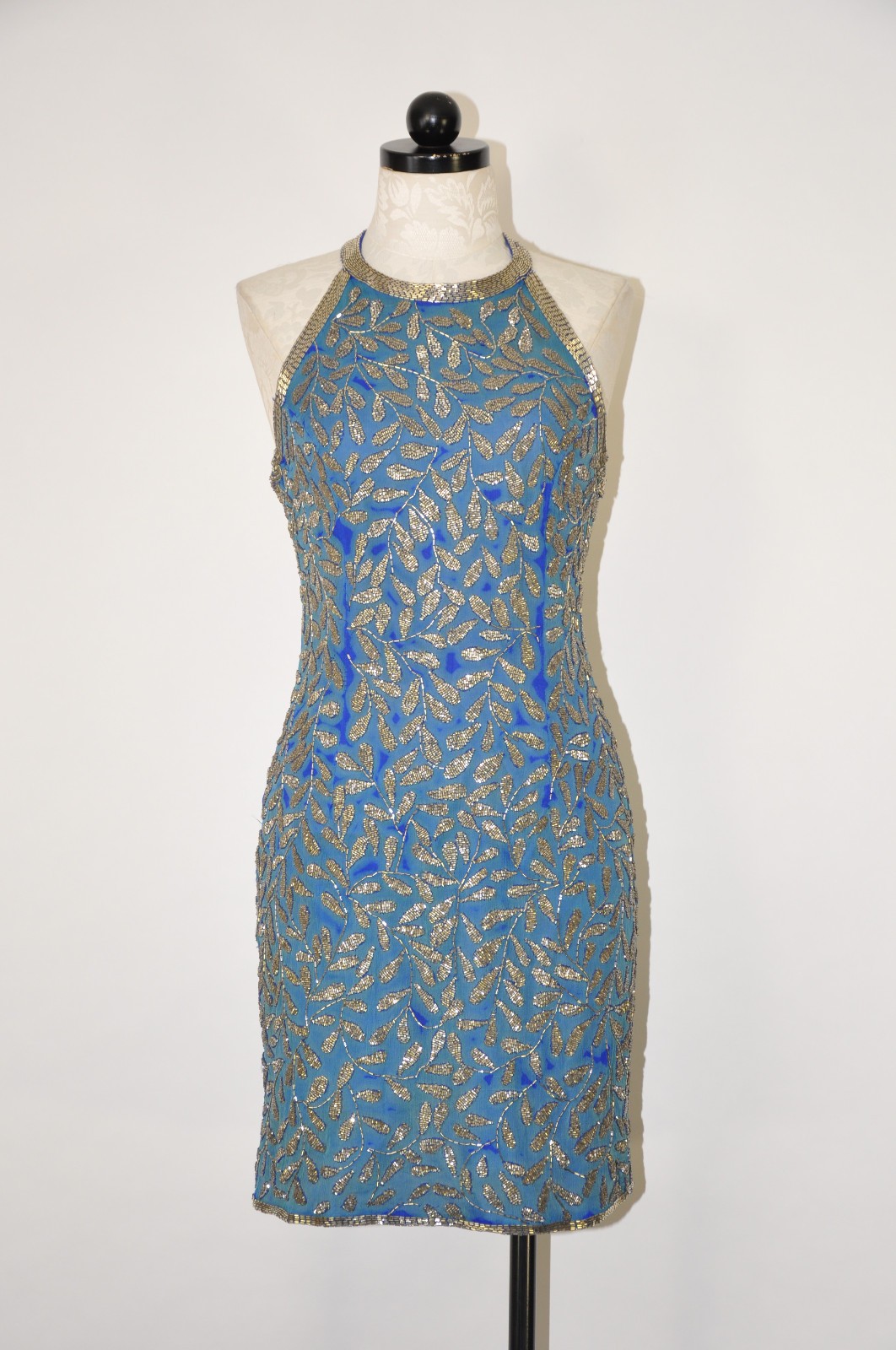 80s Vintage Blue Silk Silver Beaded Jeweled Leaves Backless Halter Mini Dress S