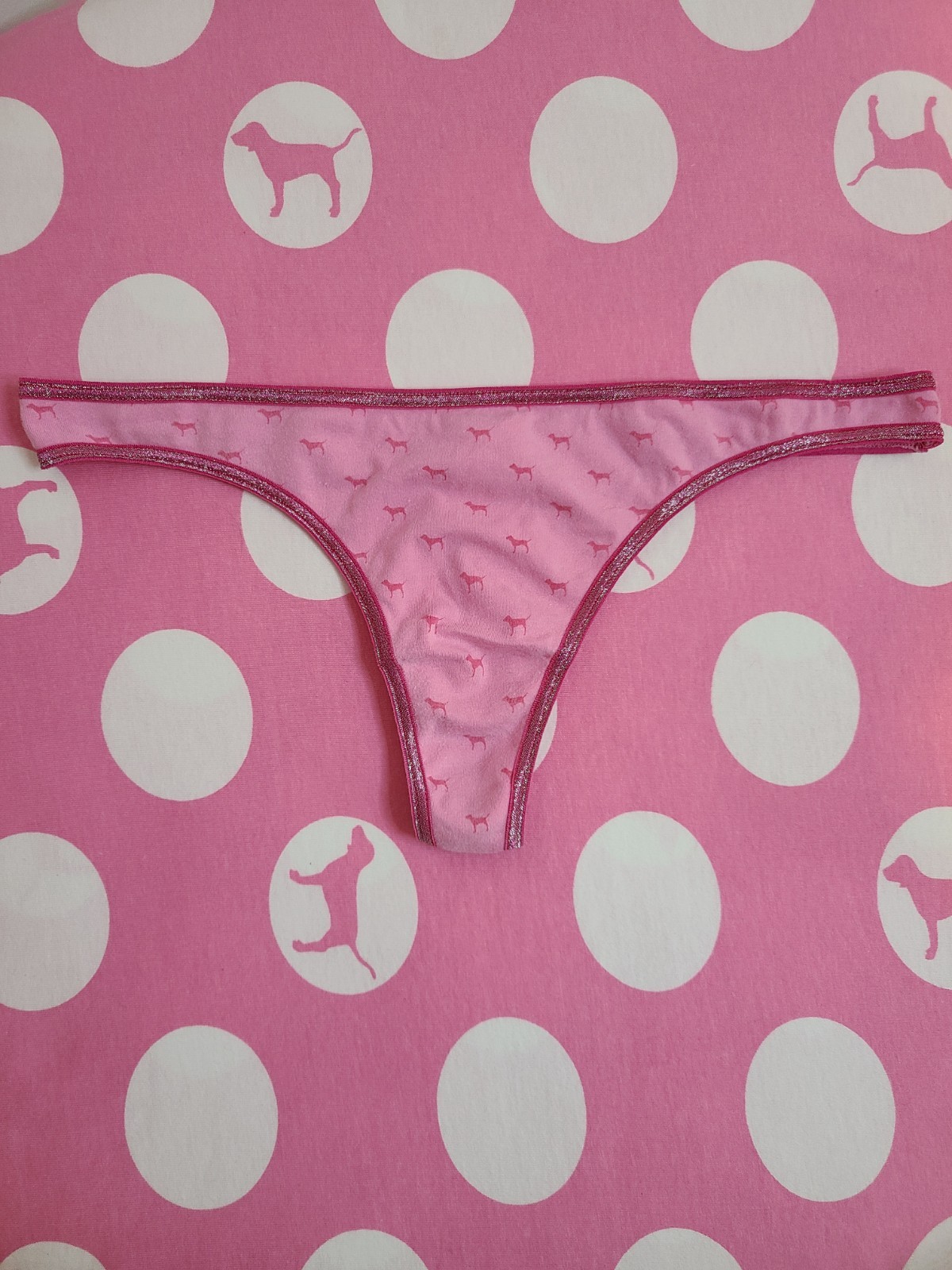 Rare VTG VS PINK Graphic Cotton Extra Low Rise Thong Panty Size M Dog Print