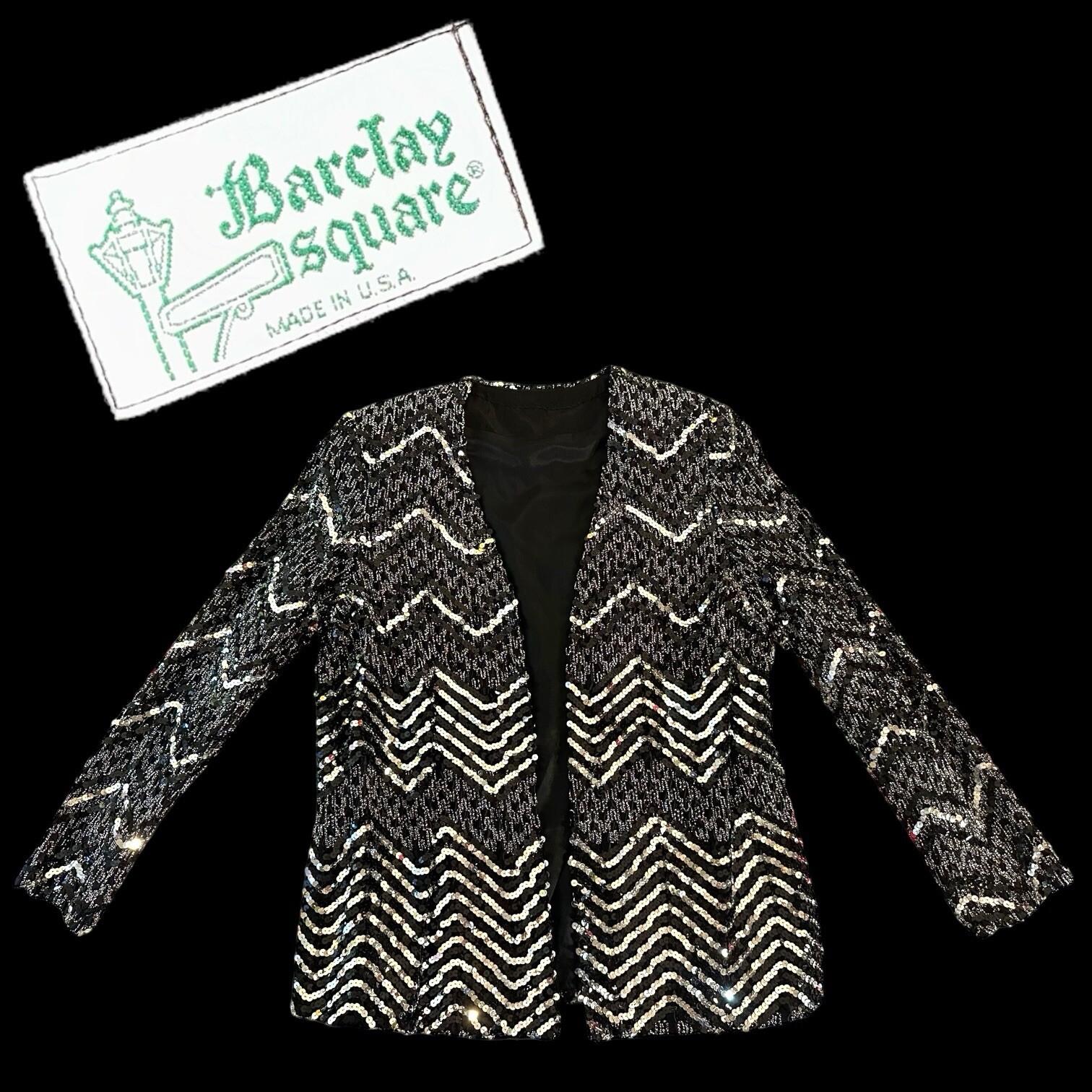 Vintage 80s Glam Formal Black & Silver Zig Zag Barclay Square Blazer Jacket