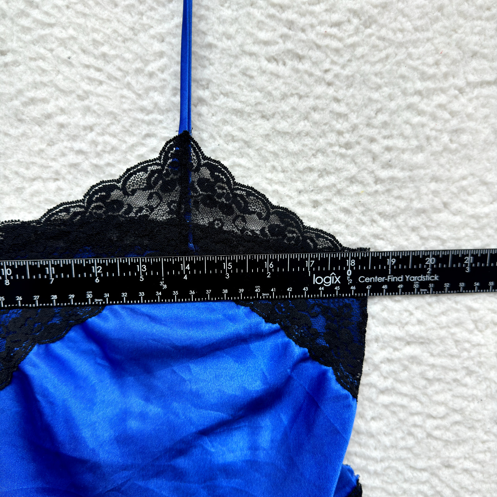 90s Vintage Camisole Lingerie Top Large Blue Satin Lace Handkerchief Hem