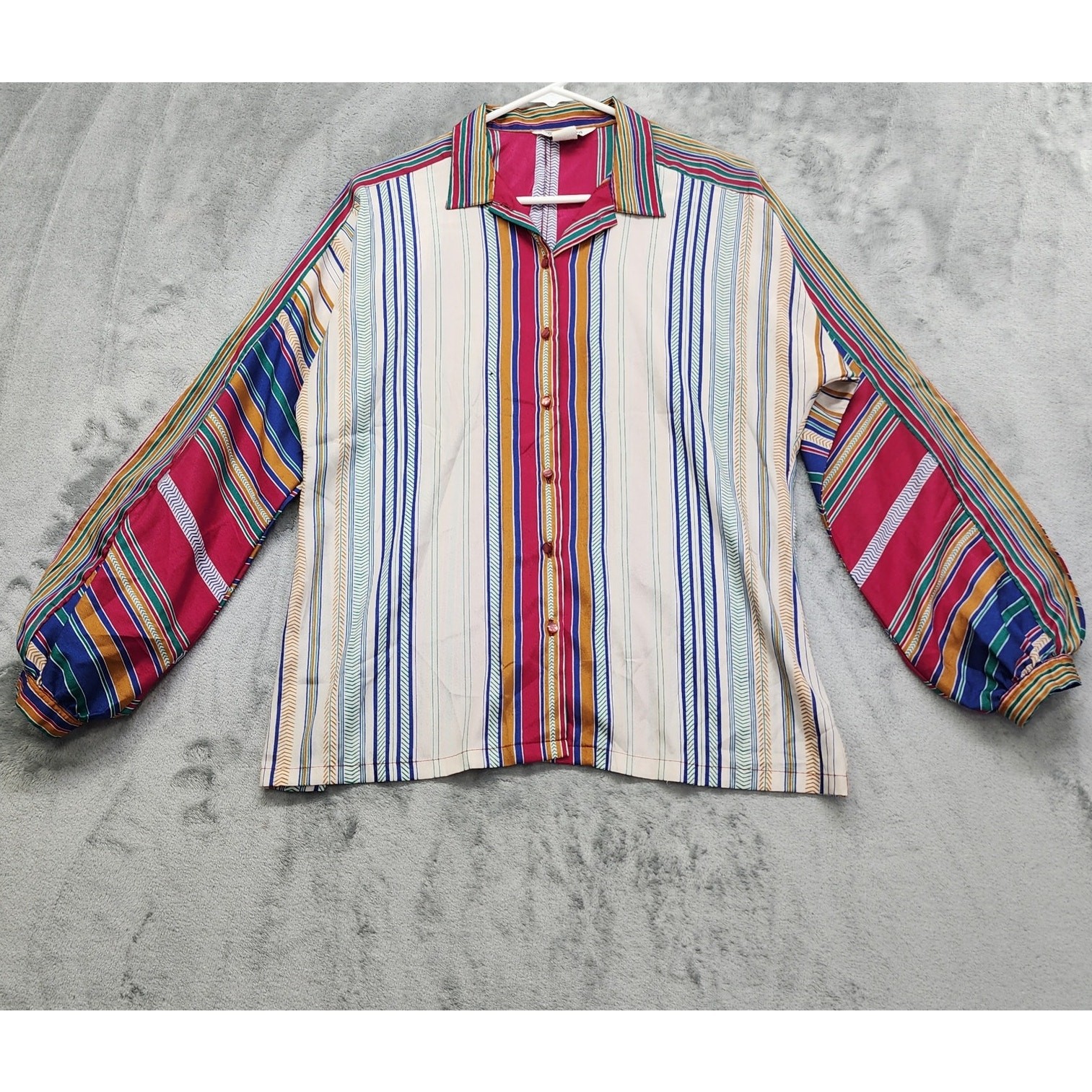 Vintage Its Gailord Striped Button Down Blouse 14 Multicolor Long Balloon Sleeve