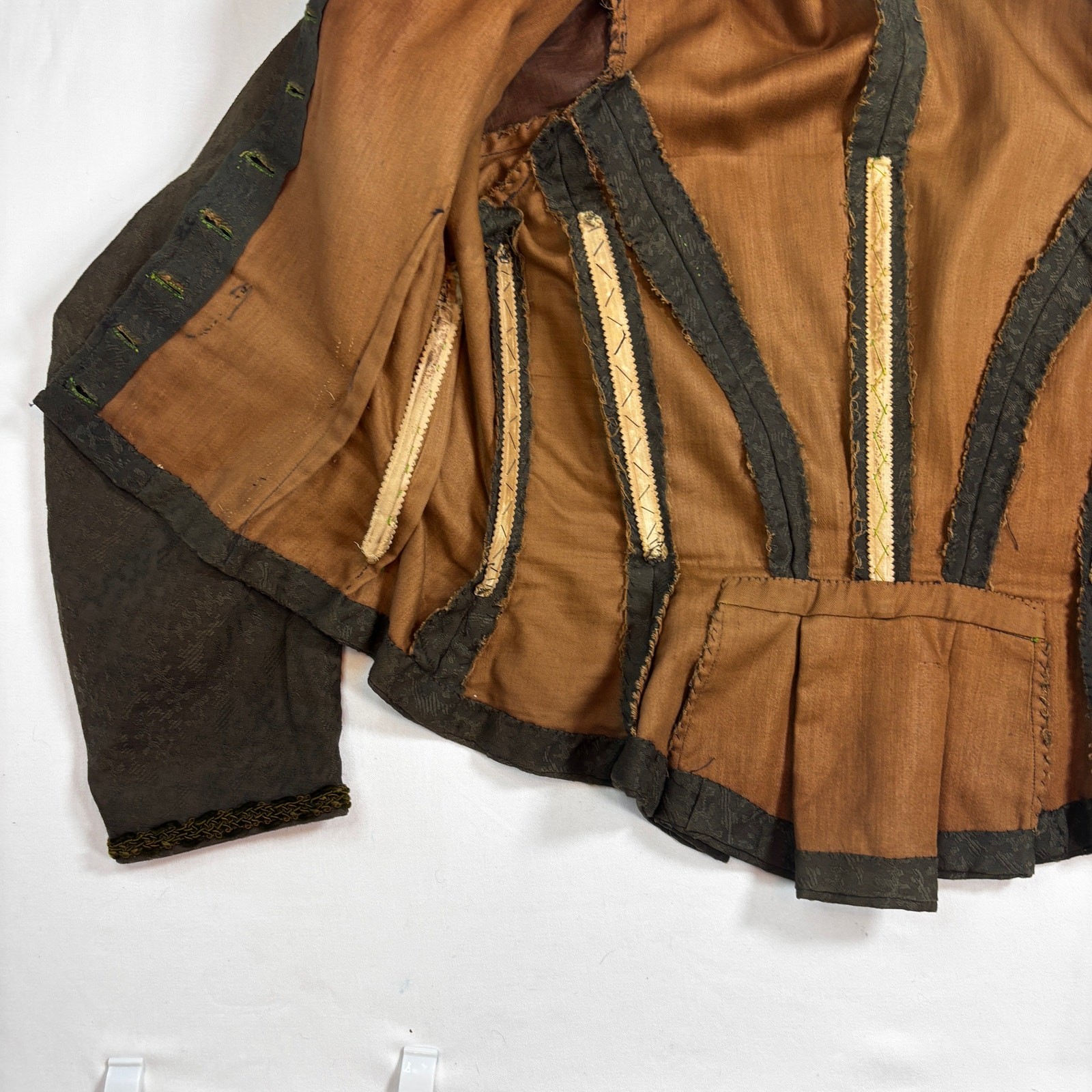 Antique Edwardian Moss Green Jacquard Wool Jacket Blouse Lace Floral Buttons