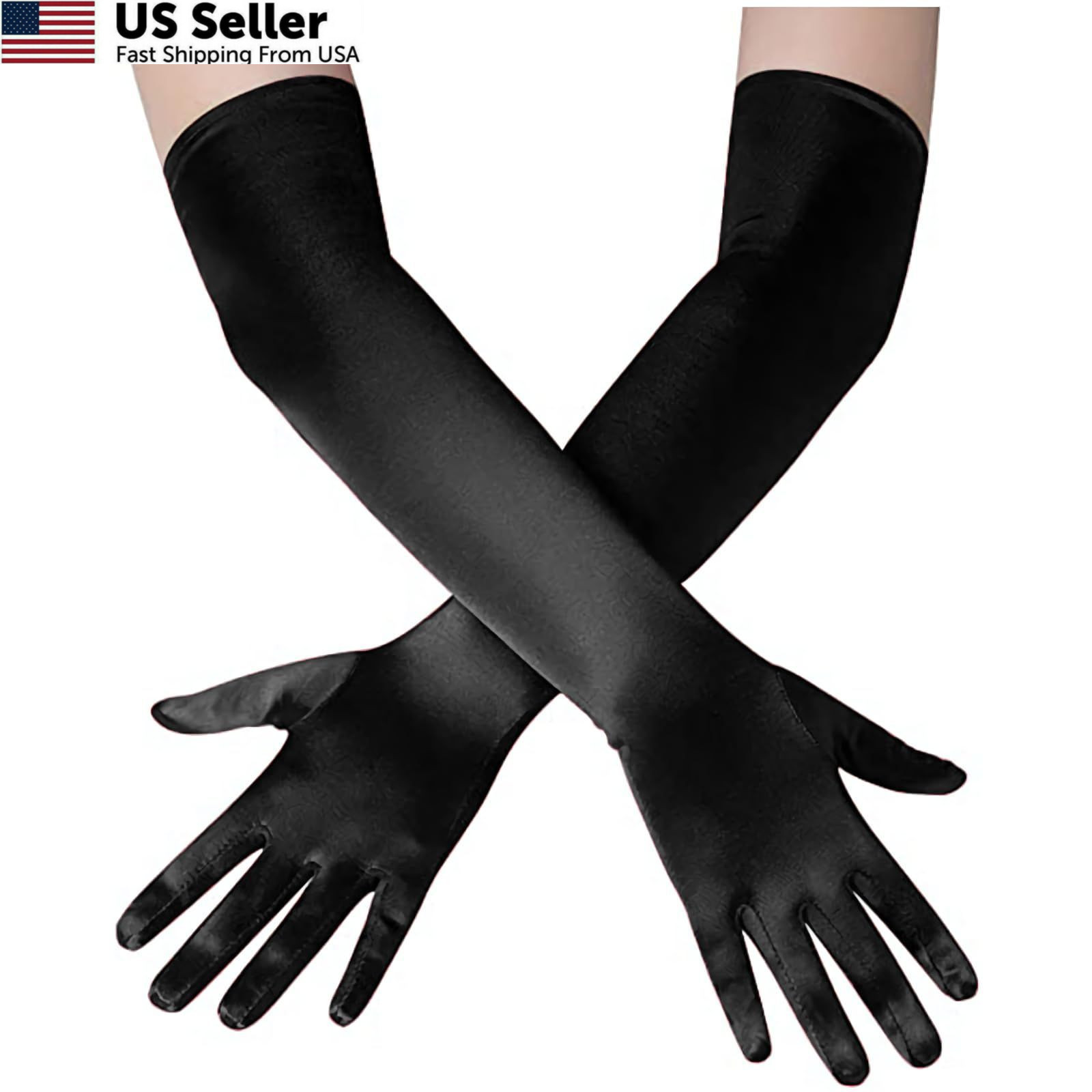 Papoopy Women Black Long Gloves for Wedding, Standard, Satin –