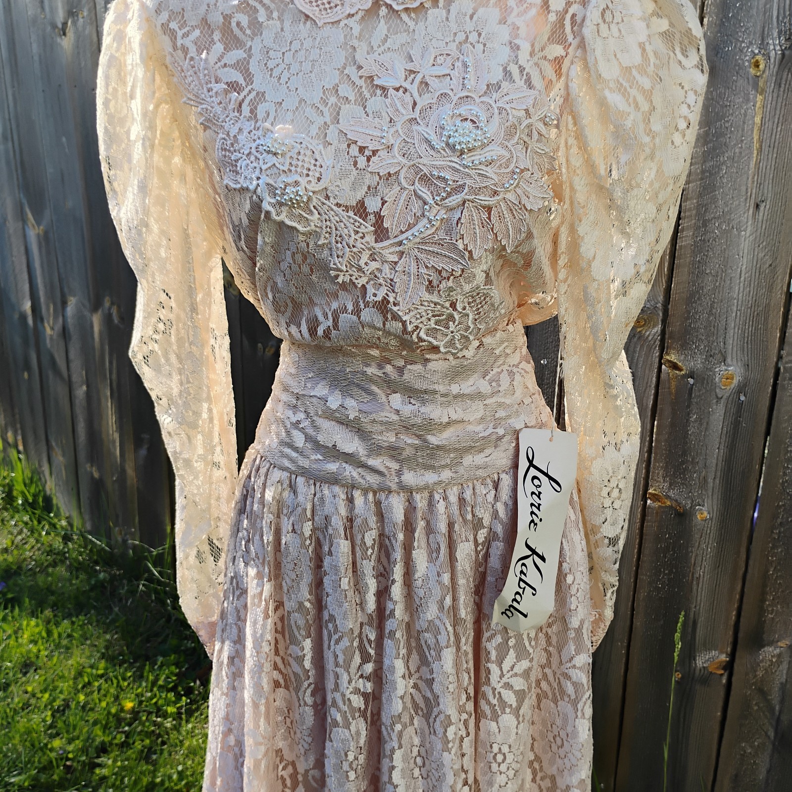 VTG Lorrie Kabala Lace Wedding Gown 3 Pc Size 8 Champagne Cream Pearl Beaded NWT