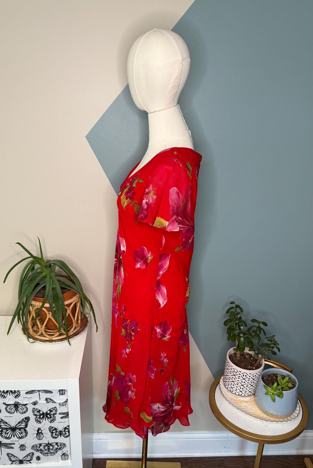 Donna Ricco Floral Chiffon Dress 8 Pink Red Lily Hanky Hem Wedding Guest Y2K