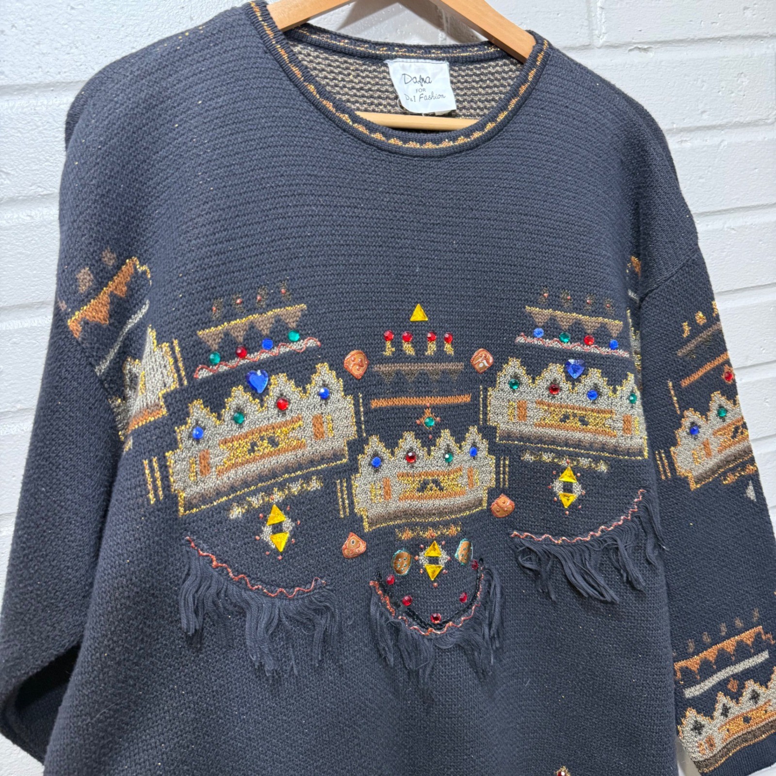 Vintage Dafna D&I Israel Jeweled Fringe Metallic Knit Sweater Med Black 80s 90s