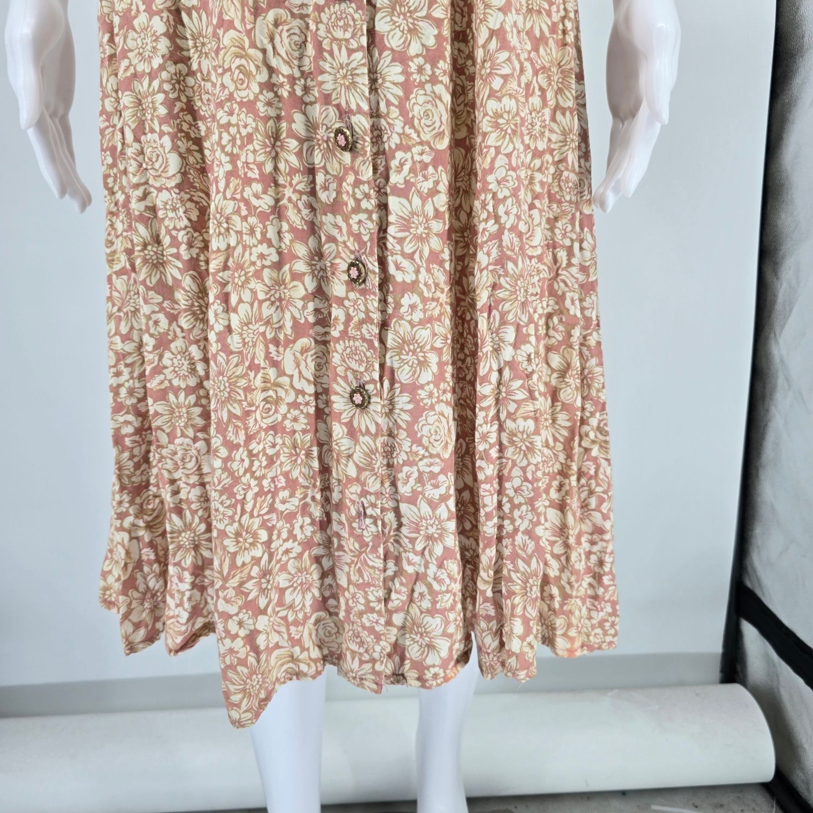 Vintage 1990s Rampage Pink Floral Rayon Button-Front A-Line Midi Dress (S)