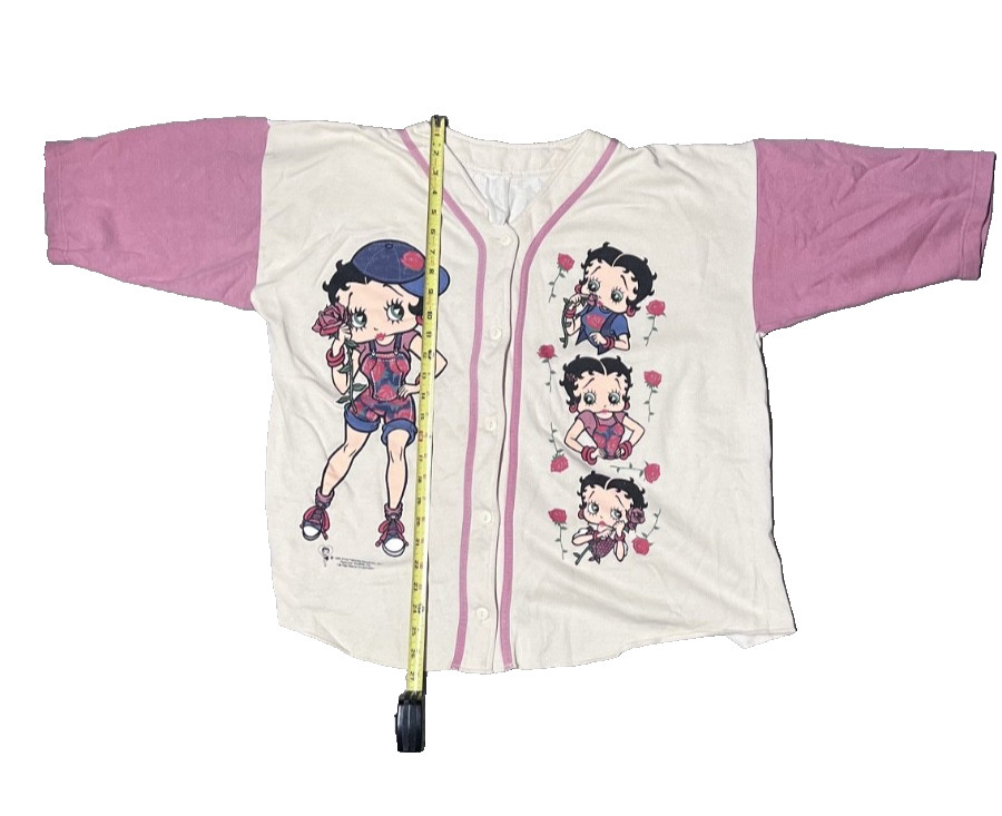 Vintage 1995 Betty Boop Graphic White Pink Baseball Jersey Button-Up Shirt Sz XL