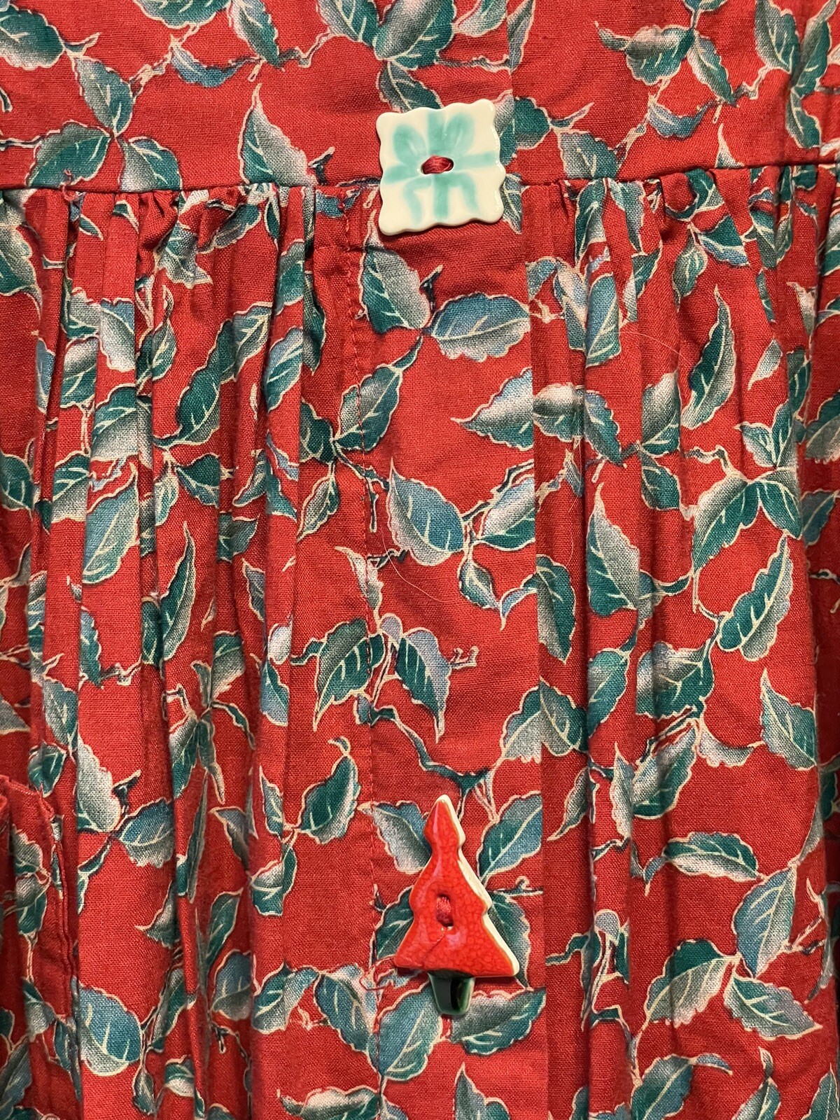 Vtg Dogwood Lane Dress S Holiday Red Green Leaves Fun Ceramic Buttons Festive