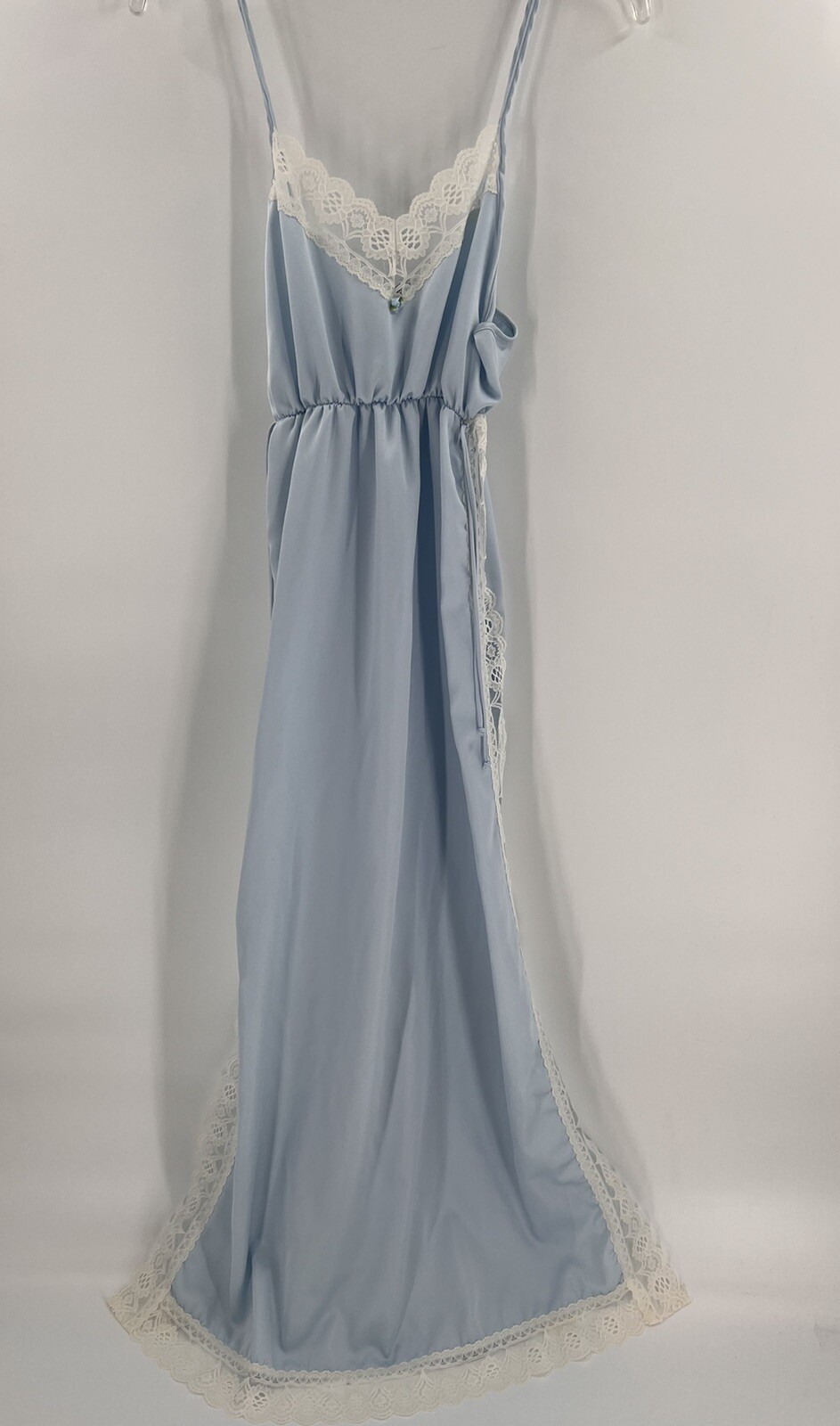 Vintage Yolande Blue Nylon & Lace Long Nightgown Gorgeous Leg Lace Split Sides
