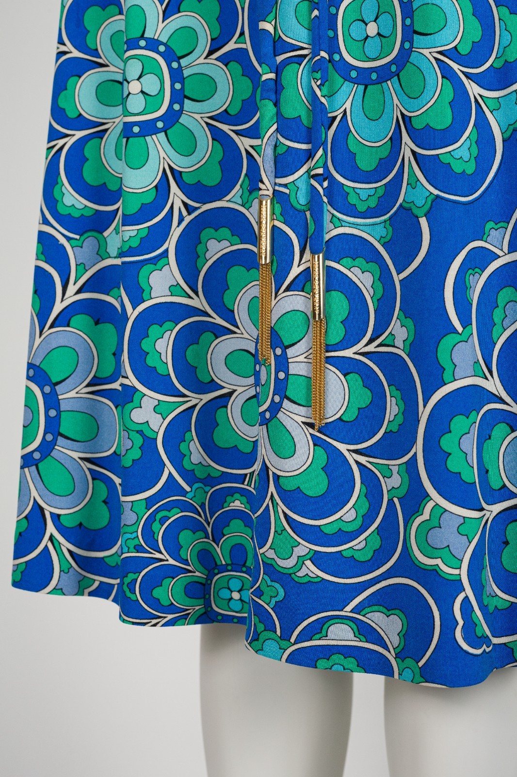 Averardo Bessi 1980s Geometric Floral Print Blue Green Silk Jersey Vintage Dress