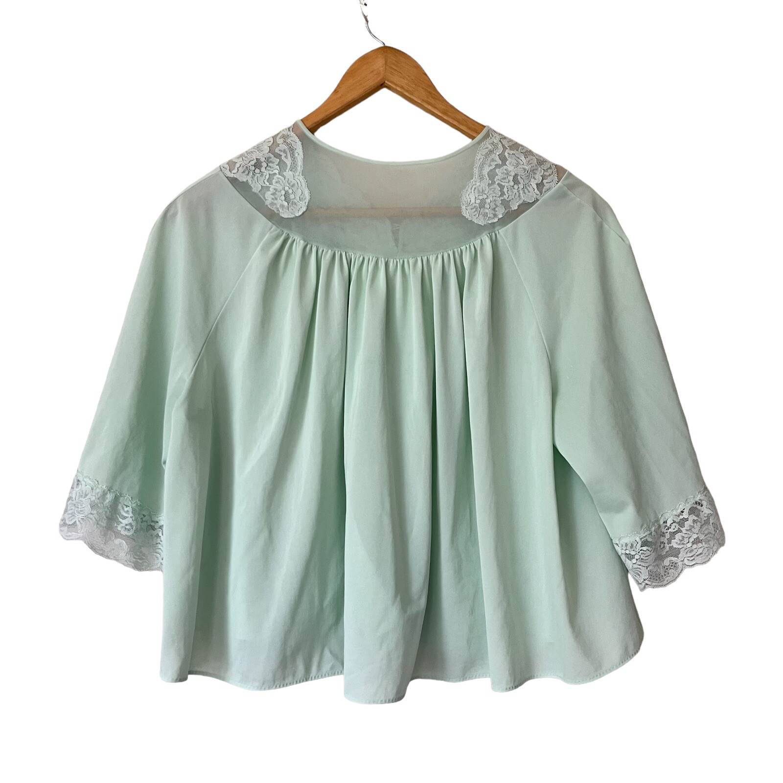 Vtg Shadowline Mint Green Cropped Bed Jacket Pajama Top Lace Trim Capelet Medium