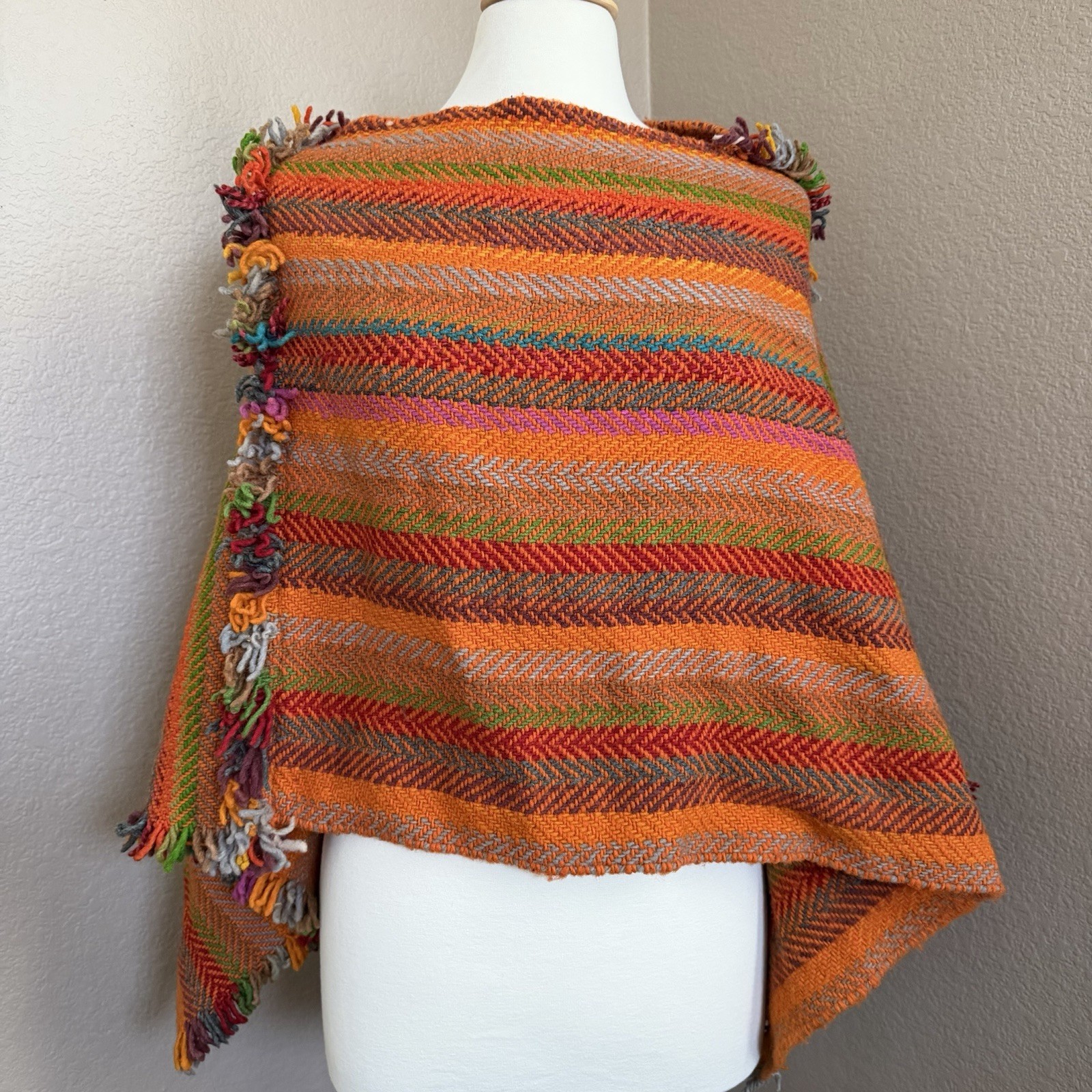 Vintage Woven Boho Poncho Wool Blend Fringe Southwestern Pullover