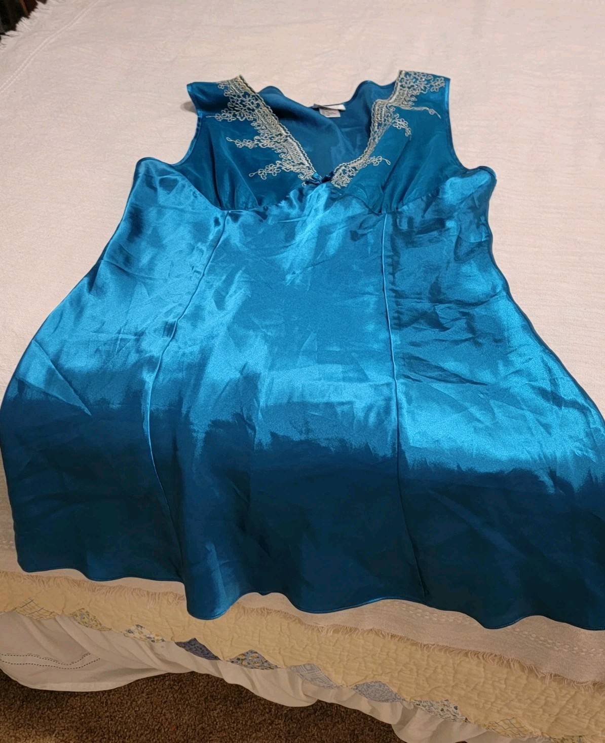 VTG BABYDOLL Cami Slip Dress Night Gown Size L Lace Aqua Blue KNEE LENGTH