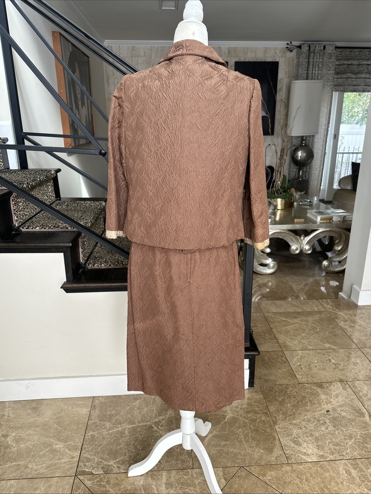 Sophie Gimbel Couture For Saks 50s Mocha Brown Silk Matelasse 3 Piece Skirt Suit