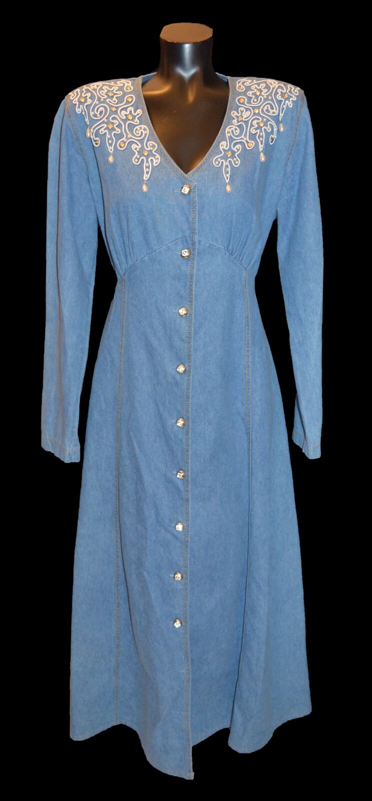 Monique Fashions Vintage 80s Button Down Pearl Accent Denim Dress sz 10