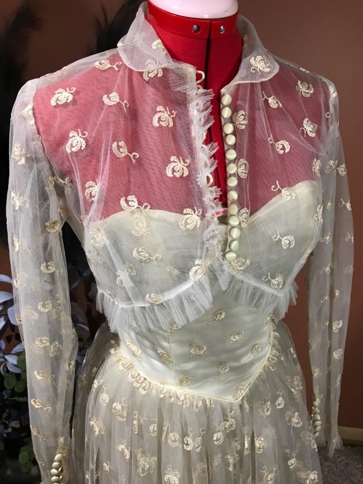 50’s ivory layered tulle lace overlay XS wedding dress with matching crop jacket