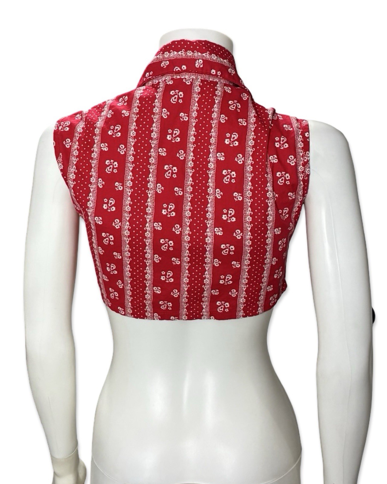 Vintage 70s Women’s Red Floral Tie Waist Dagger Collar Crop Top Western Cowgirl