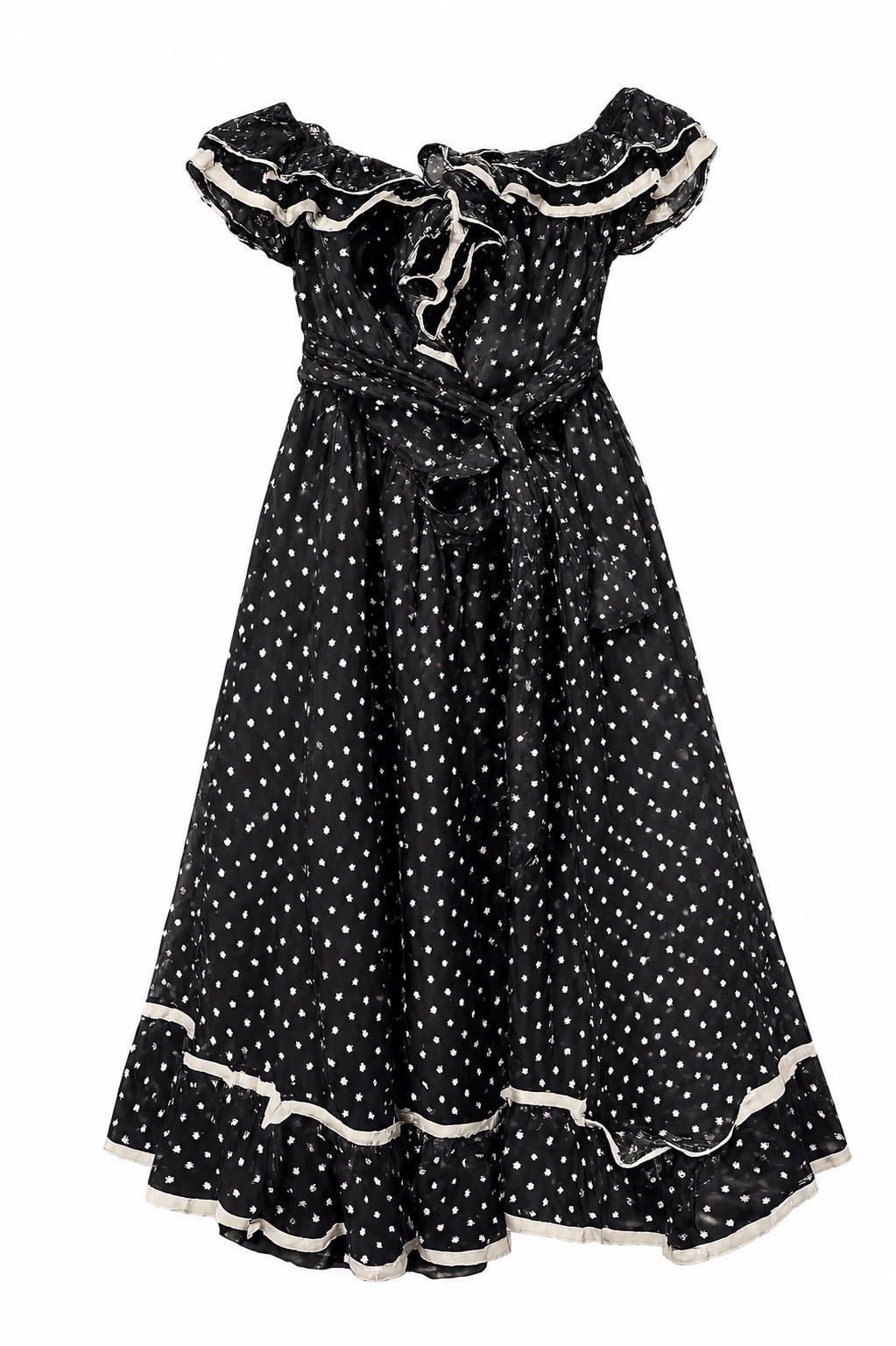 Vintage Gunne Sax Jessica McClintock Black White Polka Dot Off Shoulder USA 13