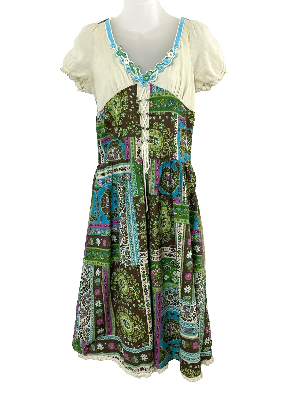Vintage Bohemian Patchwork Peasant Dress Large 70s Inspired Prairie Boho