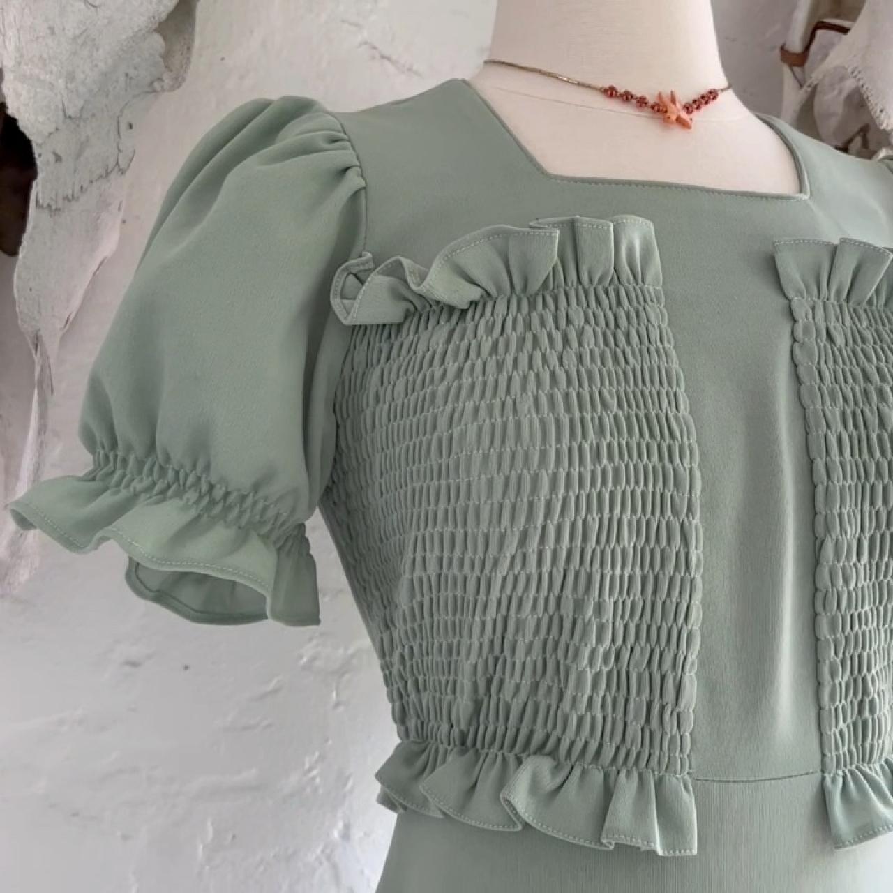 Vintage 1970s Green Olive Mint Long Maxi Dress Prairie Hippie Cottage Core Dress