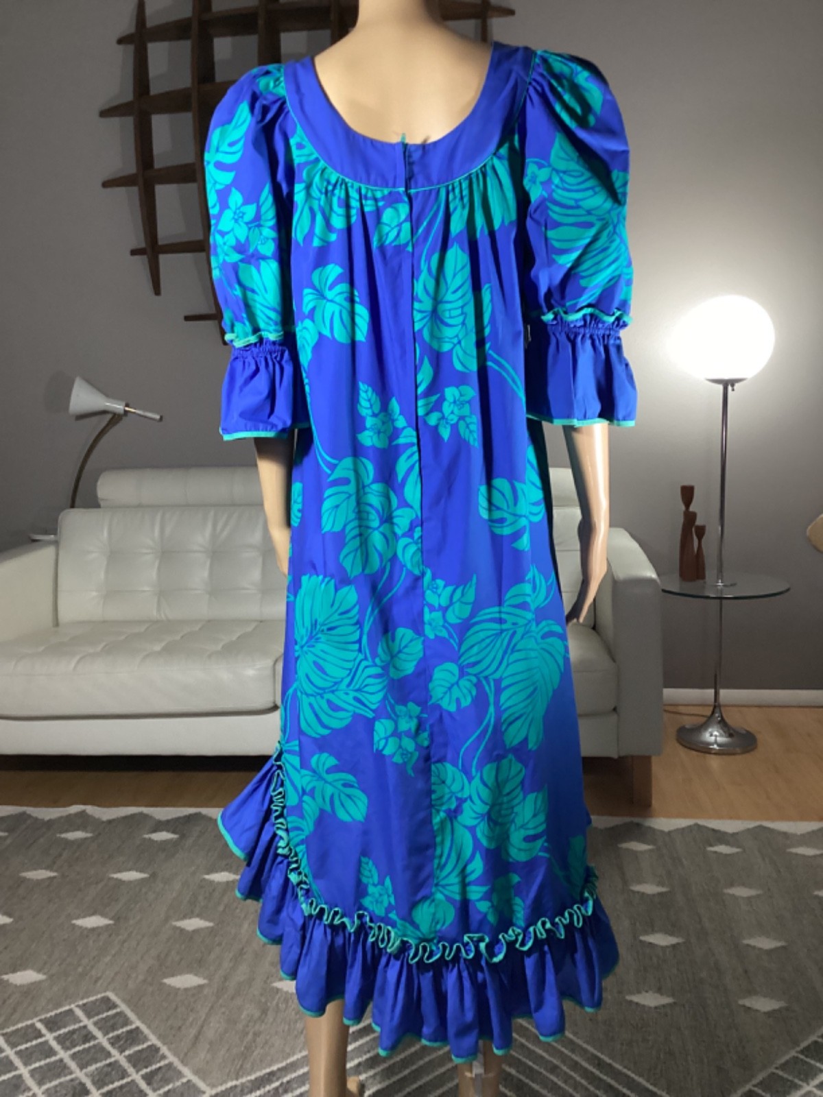 Vintage Princess Kaiulani Palm Leaves Ruffle Hawaiian Muumuu Dress Tiki Luau