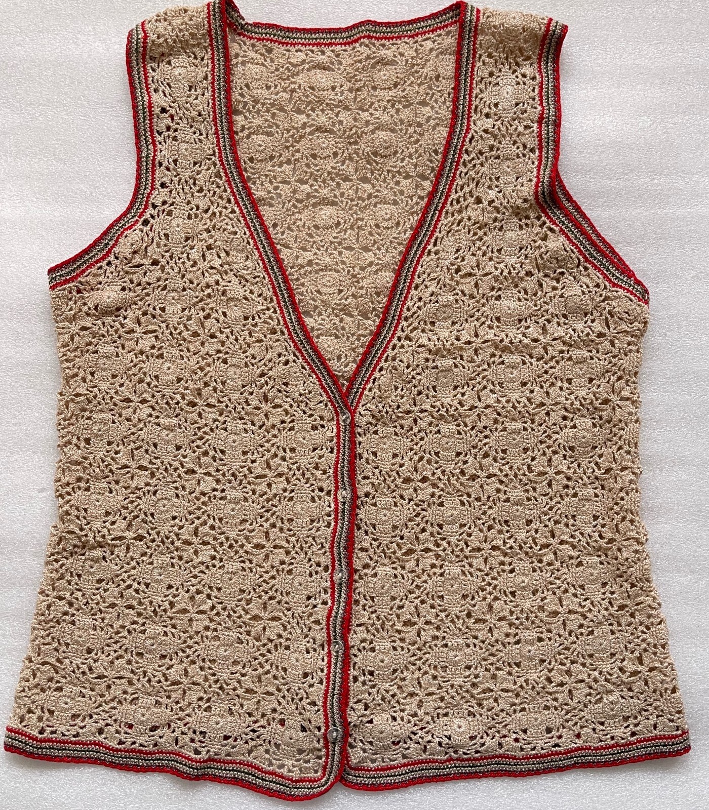 VINTAGE HANDMADE CROCHET BEIGE VEST, BUTTON FRONT, 41″ CHEST 40″ WAIST, L/XL