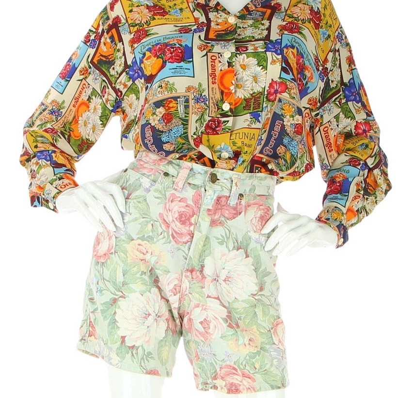 Vintage Zena Floral Flower Pastel Disco Mom High Waist Denim Jean Shorts 24