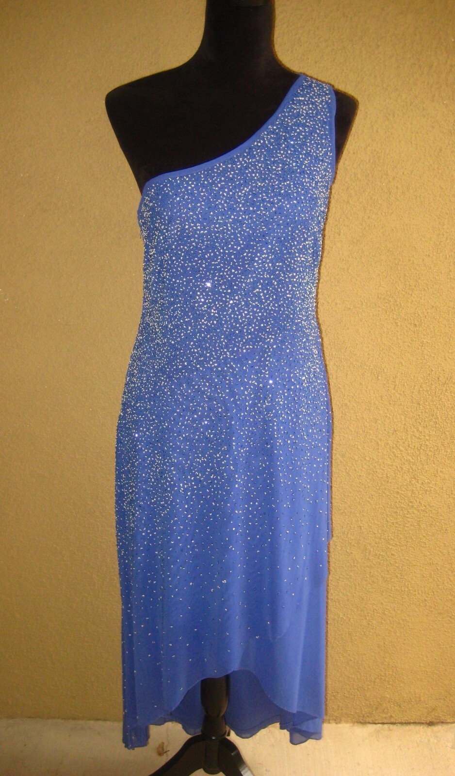 Vintage Tadashi Petite lycra/nylon royal blue beaded one shoulder hi/low gown PL