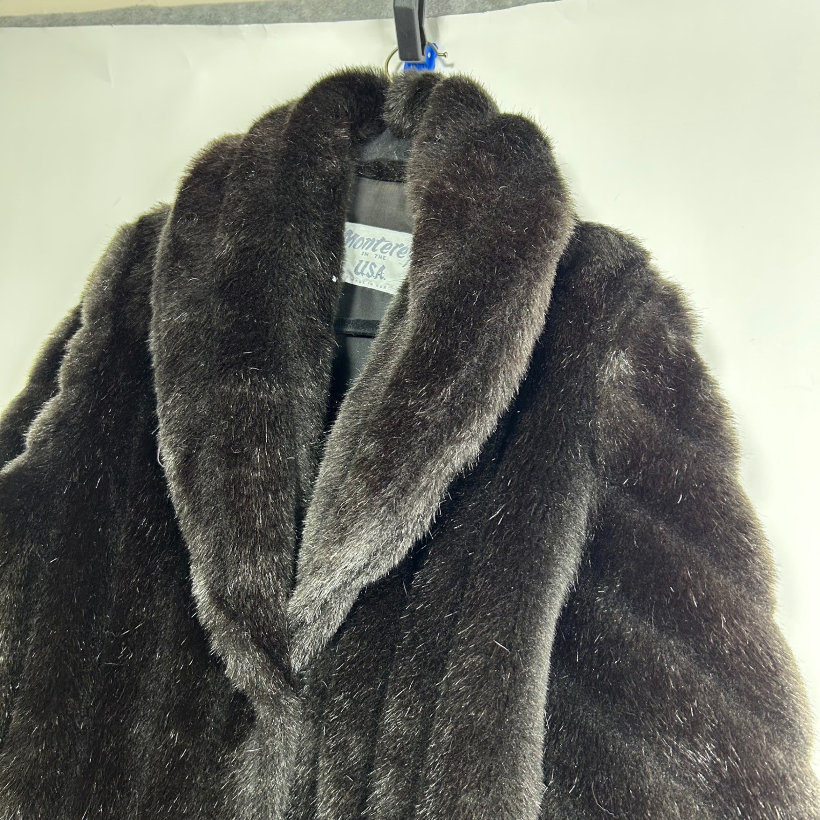 Vintage Monterey Faux Mink Fur Coat Dark Brown Shawl Collar Made USA 16 Mob Wife
