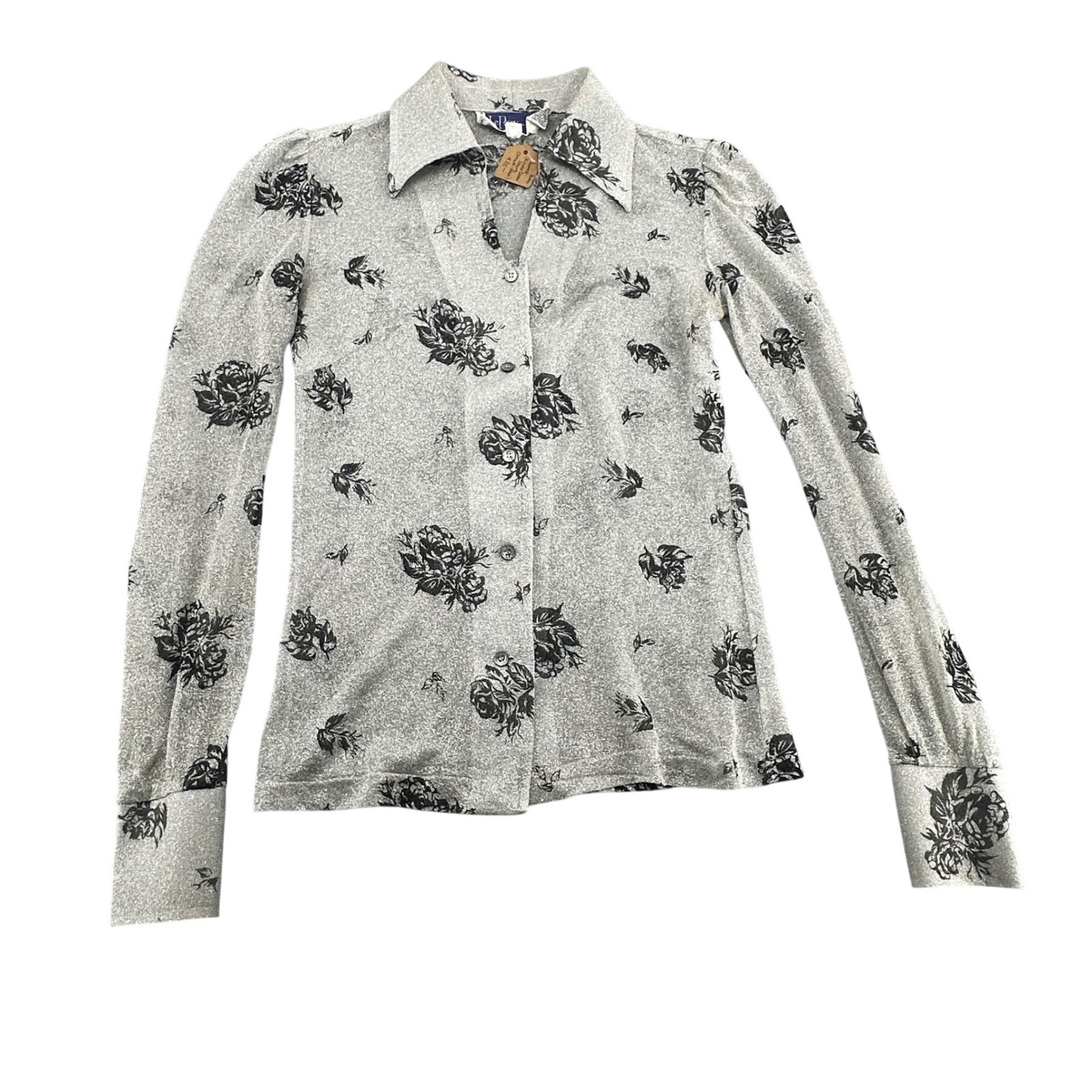 Vintage LeRoy Knitwear Silver Lurex Floral Disco Shirt Dagger Collar Womens M