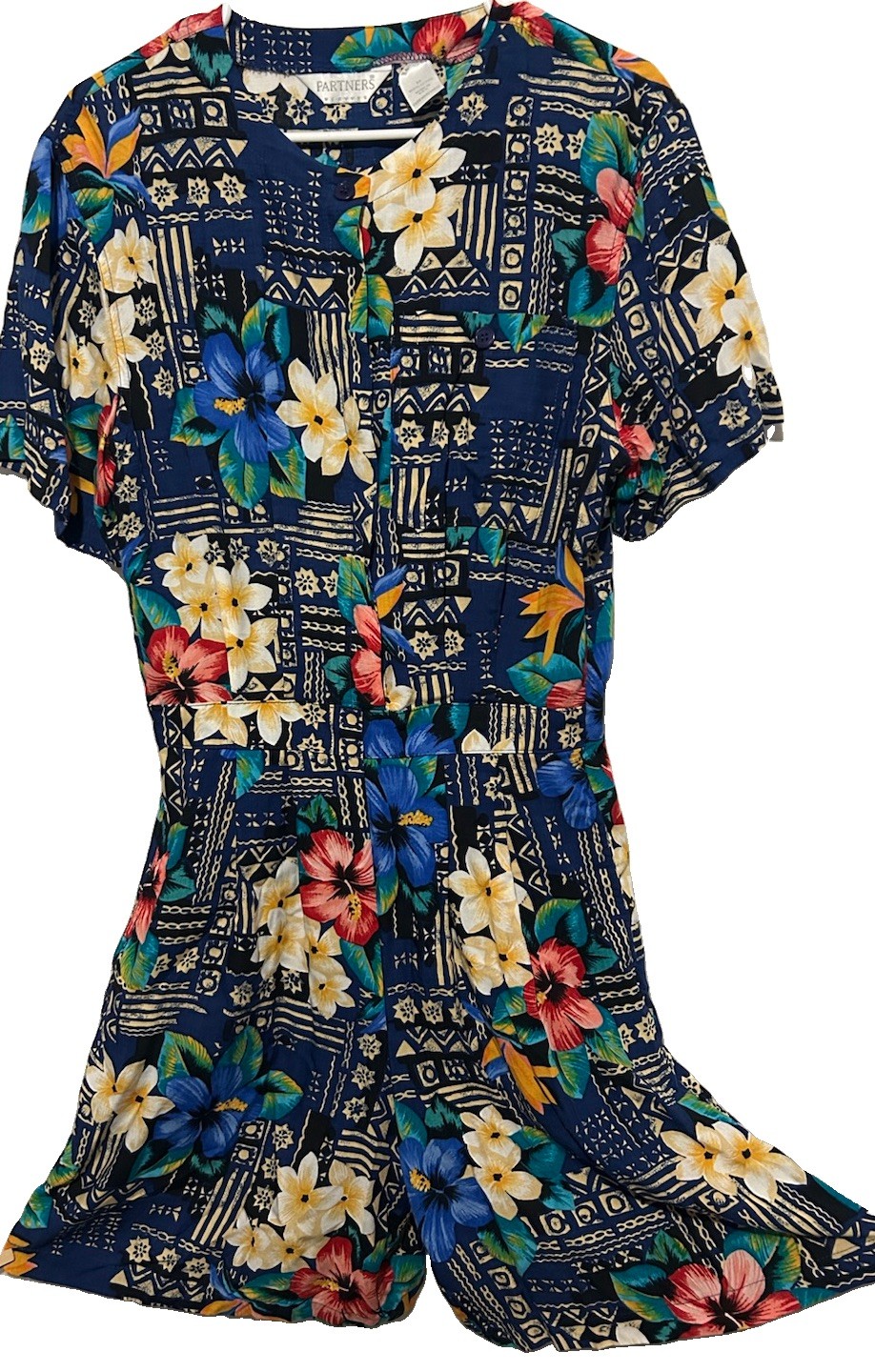 Vintage 80s 90s Partners Romper M Tropical Floral Rayon Made In USA Side Pockets