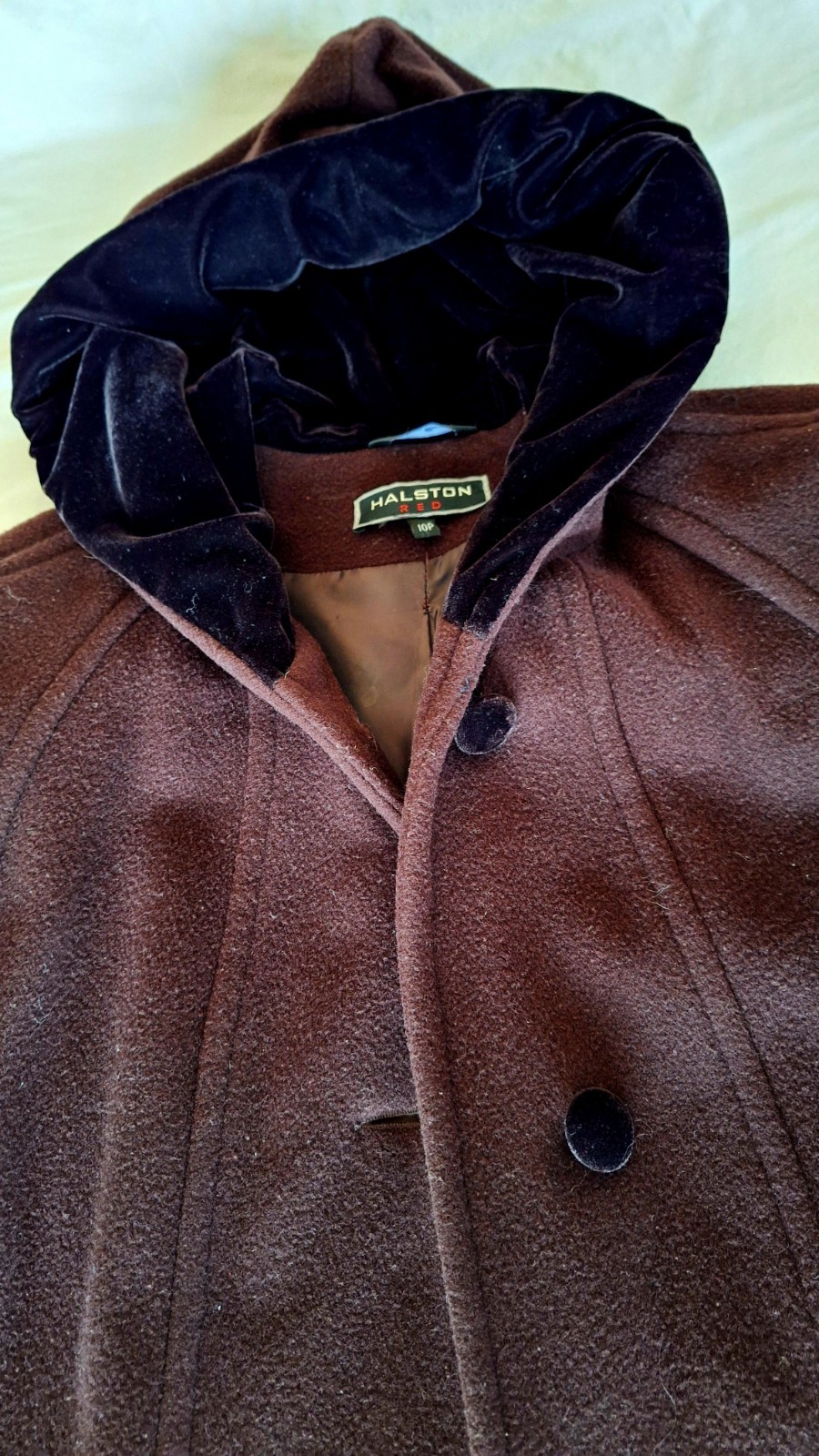 Halston Wool Hooded Coat In Chocolate Brown With Black Velvet Trim and Buttons.